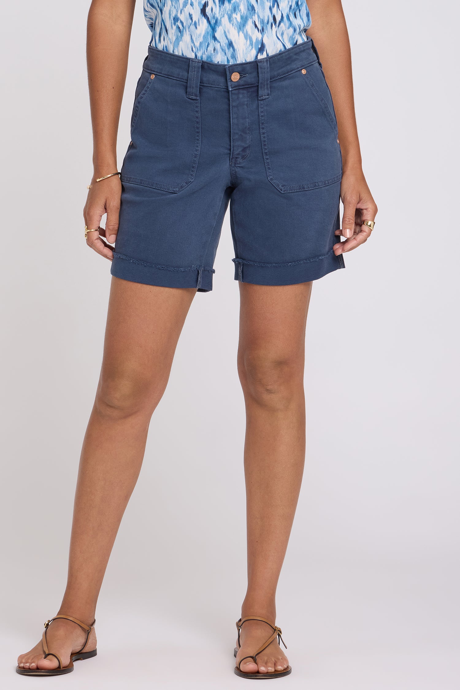 NYDJ Diana Relaxed Denim Shorts With Utility Pockets And Frayed Cuffs - Vintage Navy
