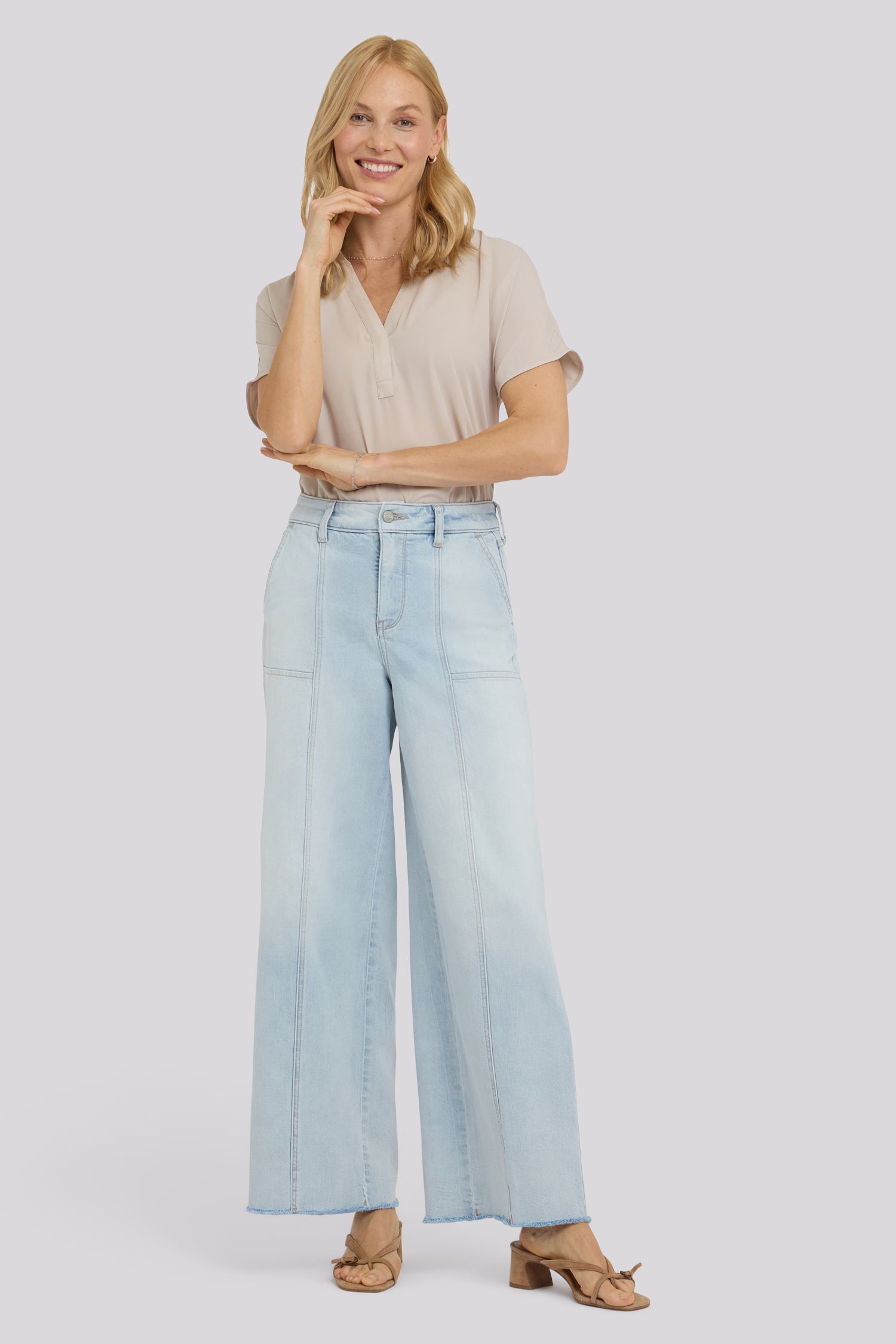 NYDJ Simone Wide Leg Jeans With High Rise, Utility Detail And Raw Hems - Desert Shoreline