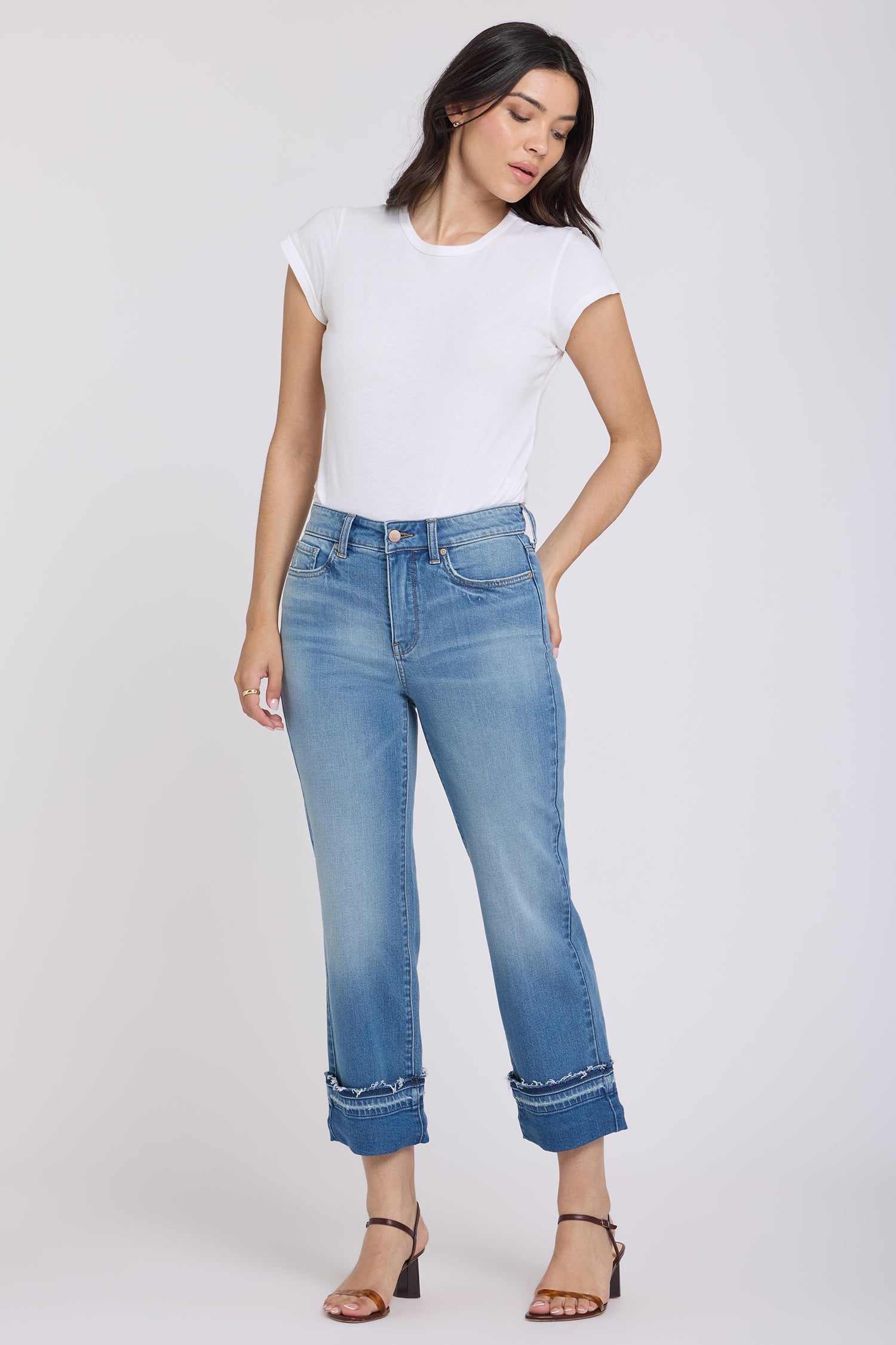 NYDJ Bailey Relaxed Straight Ankle Jeans With High Rise, Criss-Cross Belt Loop And Raw Hem Cuffs - Port Sea