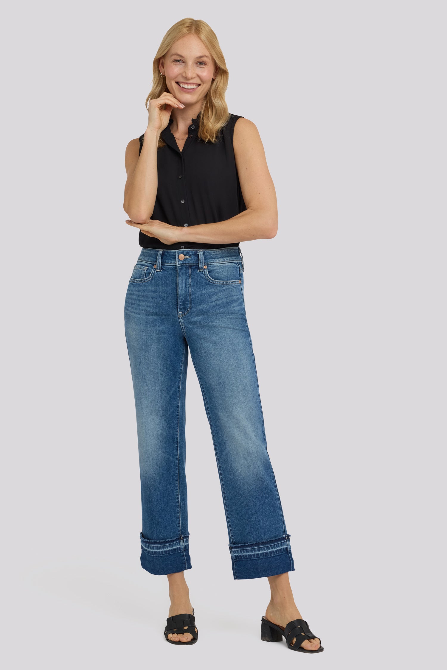 NYDJ Bailey Relaxed Straight Ankle Jeans With High Rise, Criss-Cross Belt Loop And Raw Hem Cuffs - Sun Soak