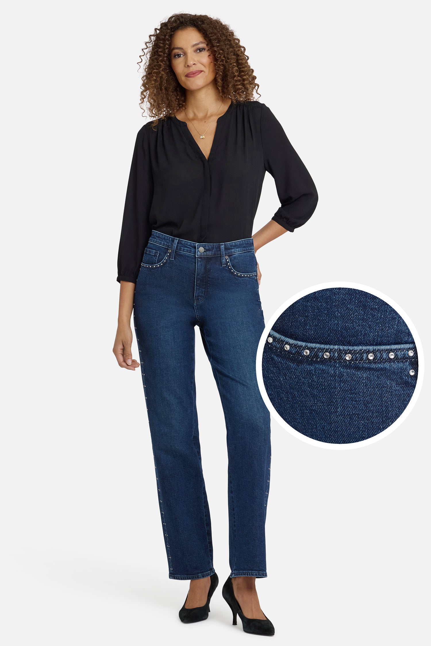 NYDJ Brooke Loose Straight Jeans With Rhinestones - Louvre Sapphire