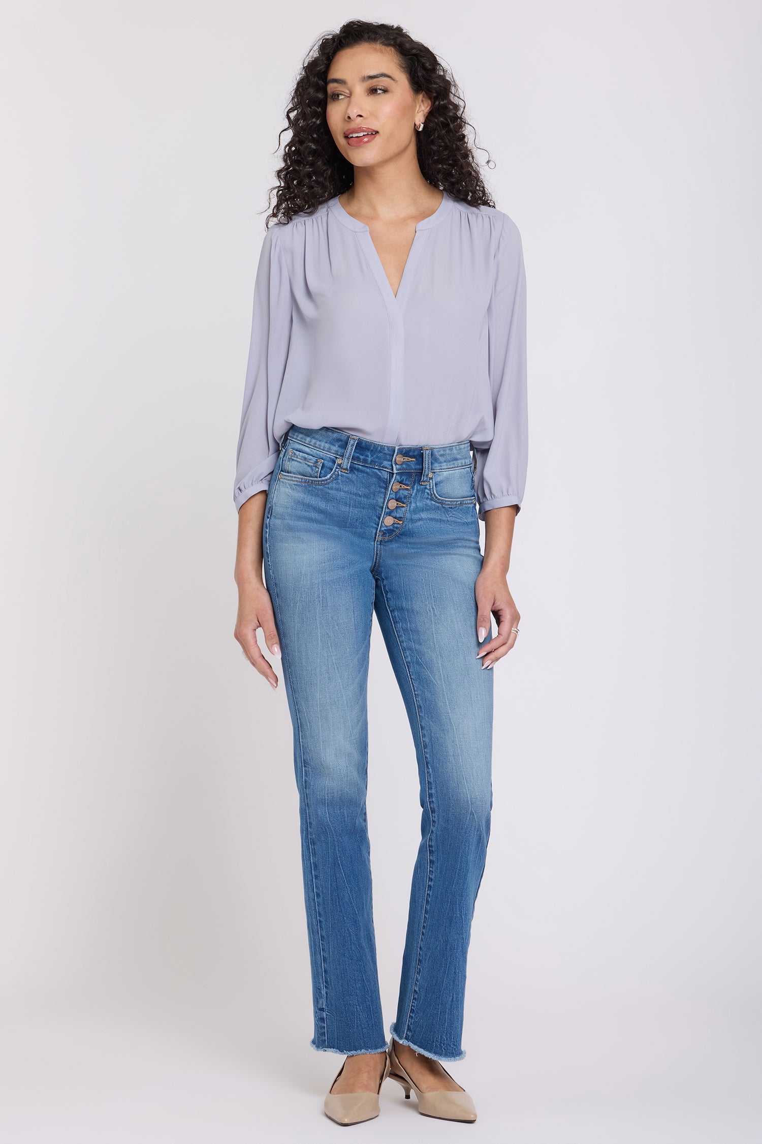 NYDJ Barbara Bootcut Jeans With Exposed Button Fly And Frayed Hems - Pacifica