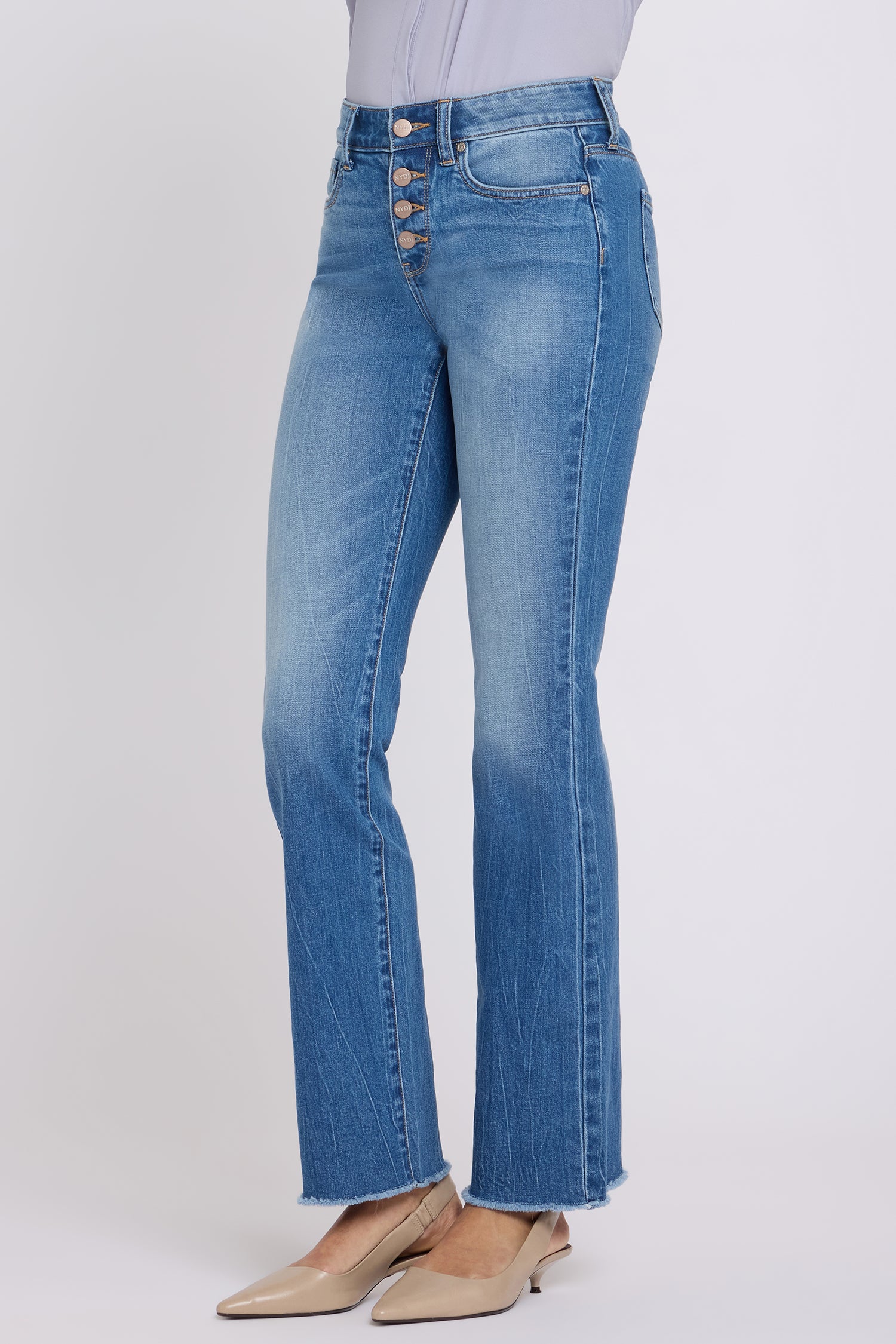 NYDJ Barbara Bootcut Jeans With Exposed Button Fly And Frayed Hems - Pacifica