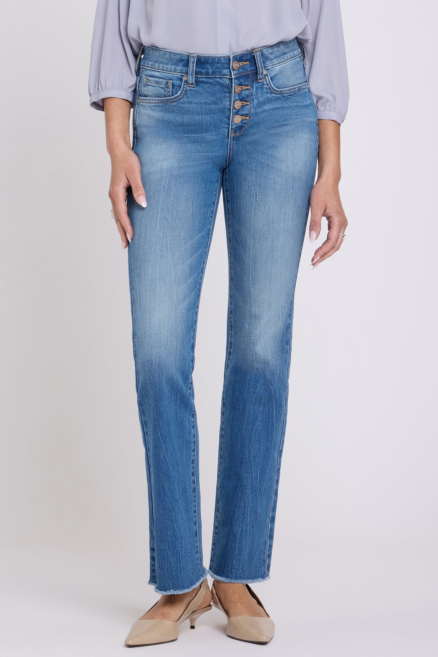 NYDJ Barbara Bootcut Jeans With Exposed Button Fly And Frayed Hems - Pacifica