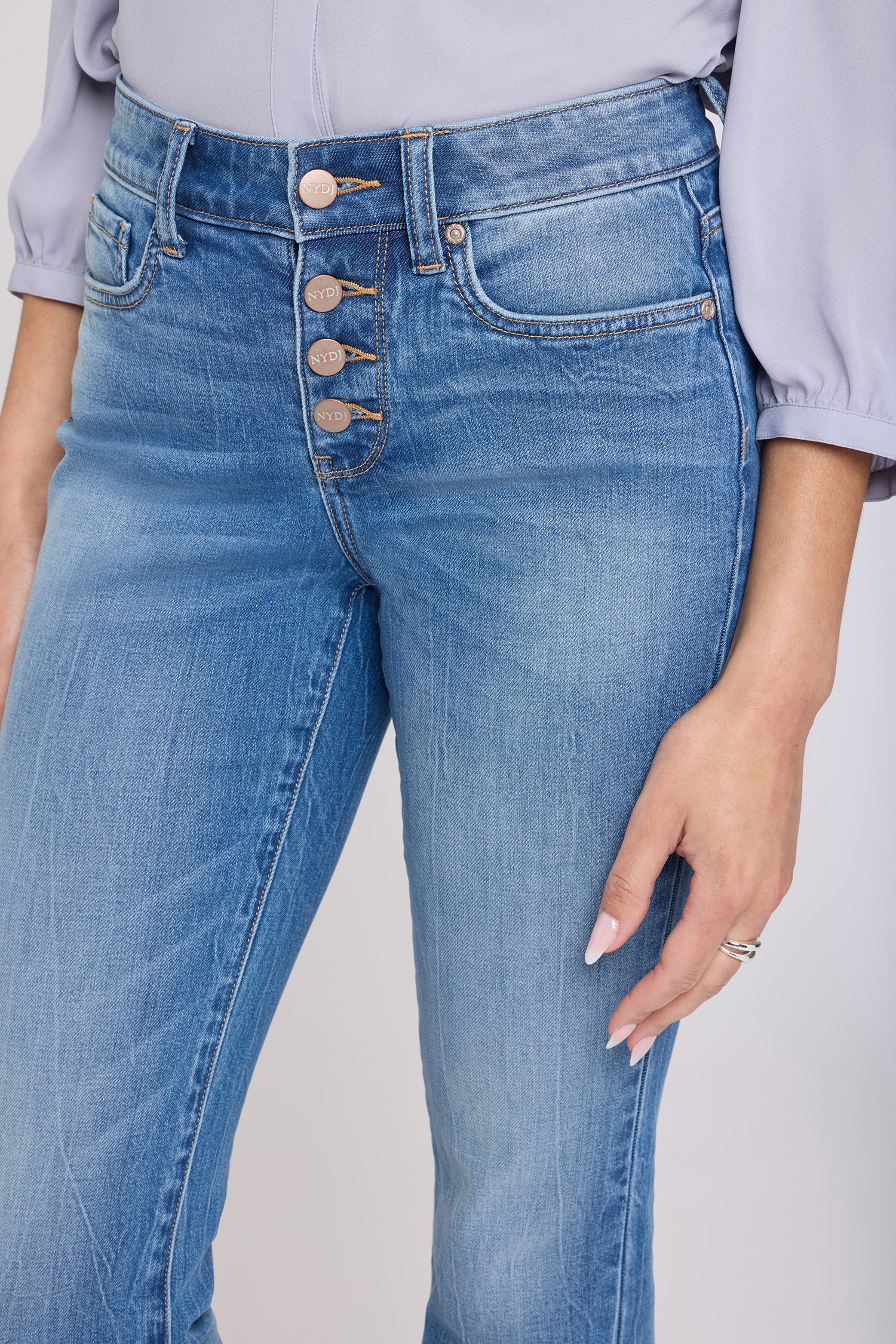 NYDJ Barbara Bootcut Jeans With Exposed Button Fly And Frayed Hems - Pacifica