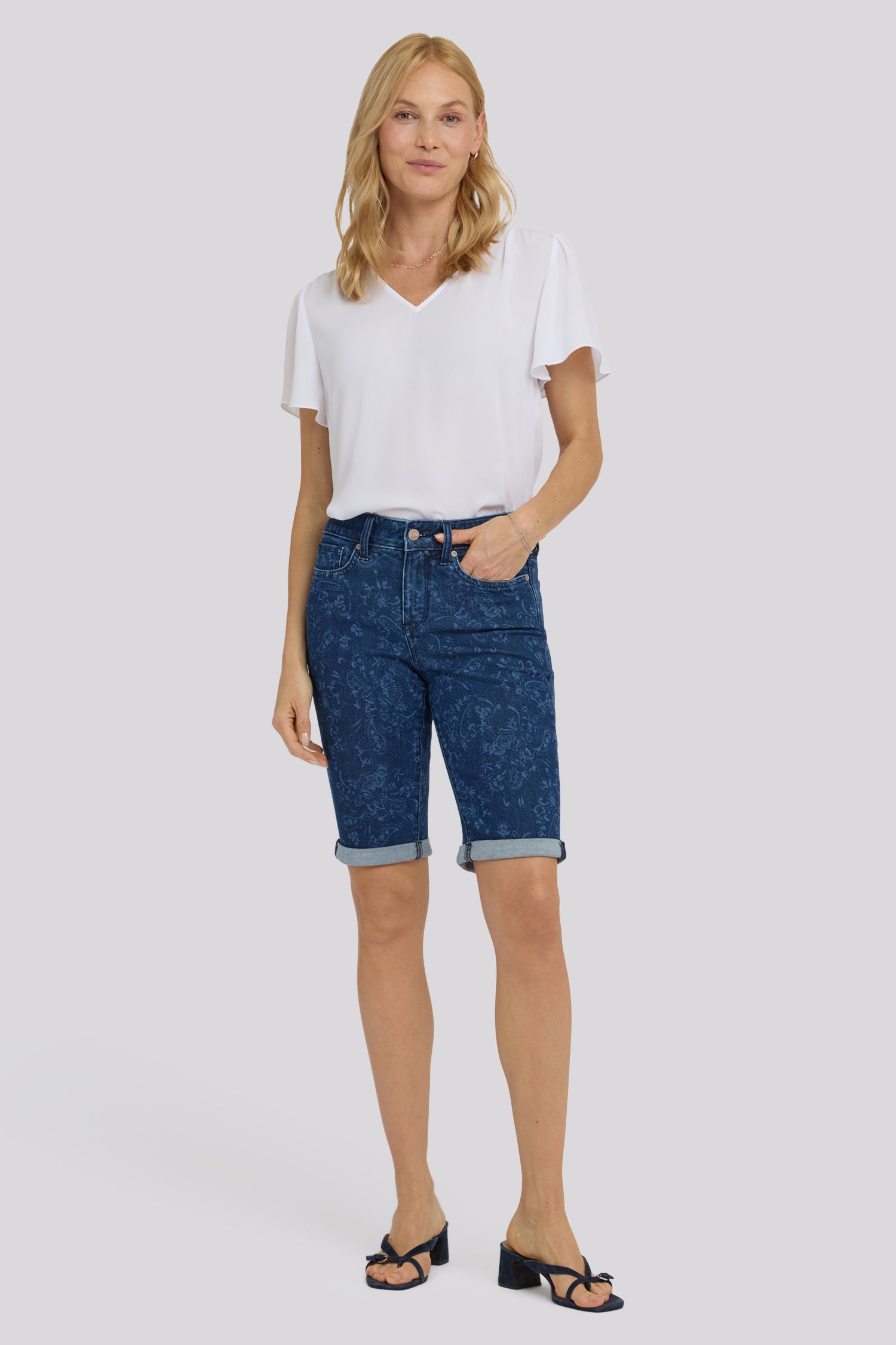 NYDJ Briella 11 Inch Denim Shorts With Roll Cuffs - Garden Paisley Print