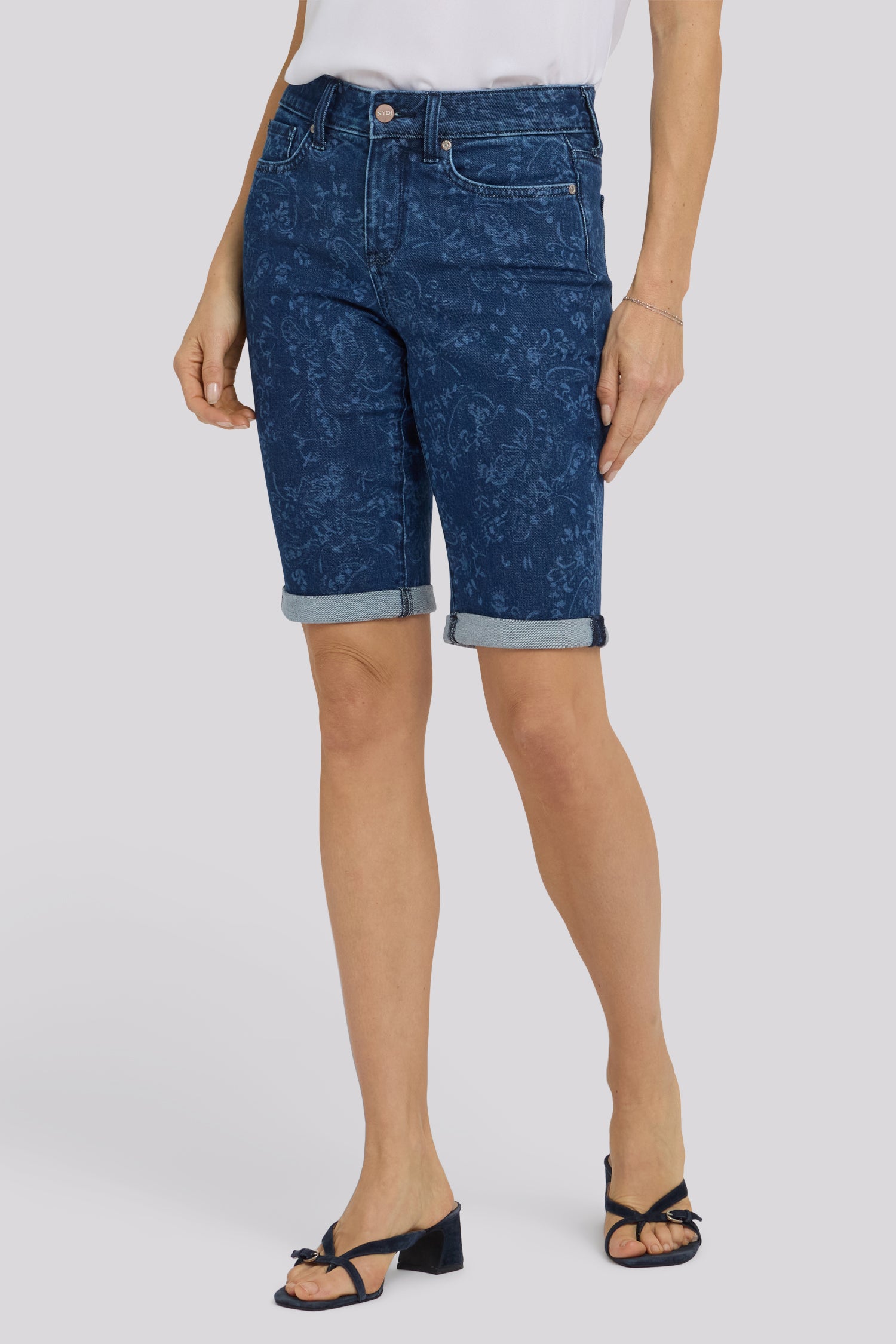 NYDJ Briella 11 Inch Denim Shorts With Roll Cuffs - Garden Paisley Print