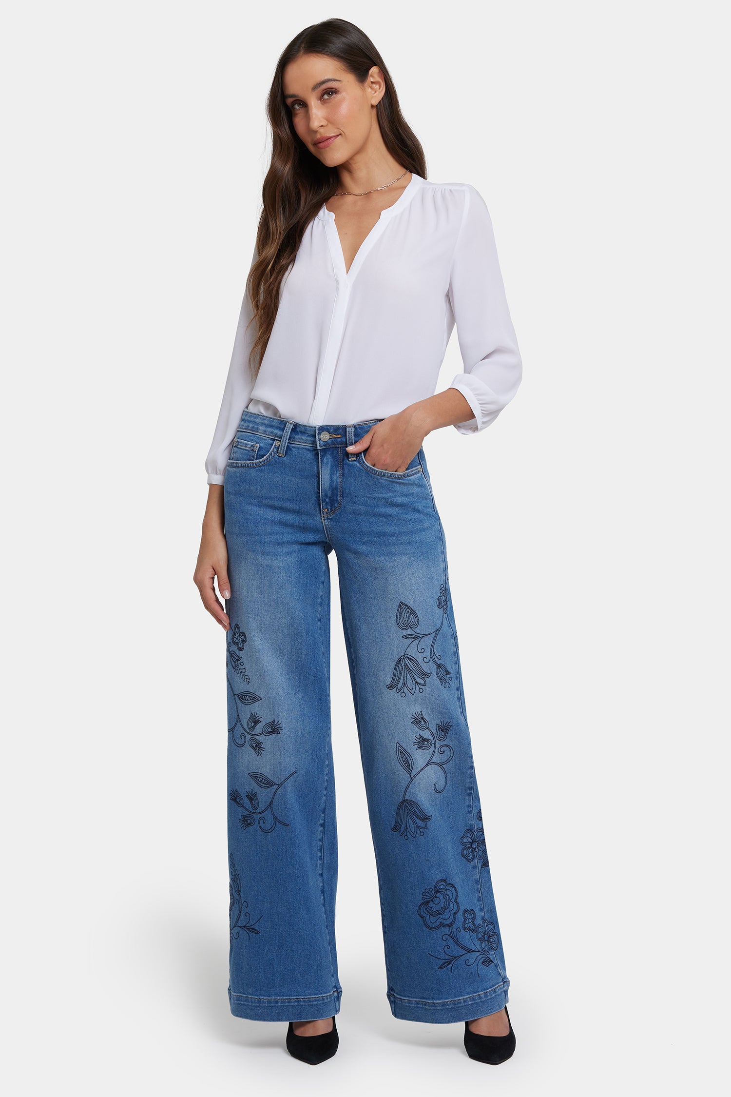 NYDJ Teresa Wide Leg Jeans With Embroidery And 31