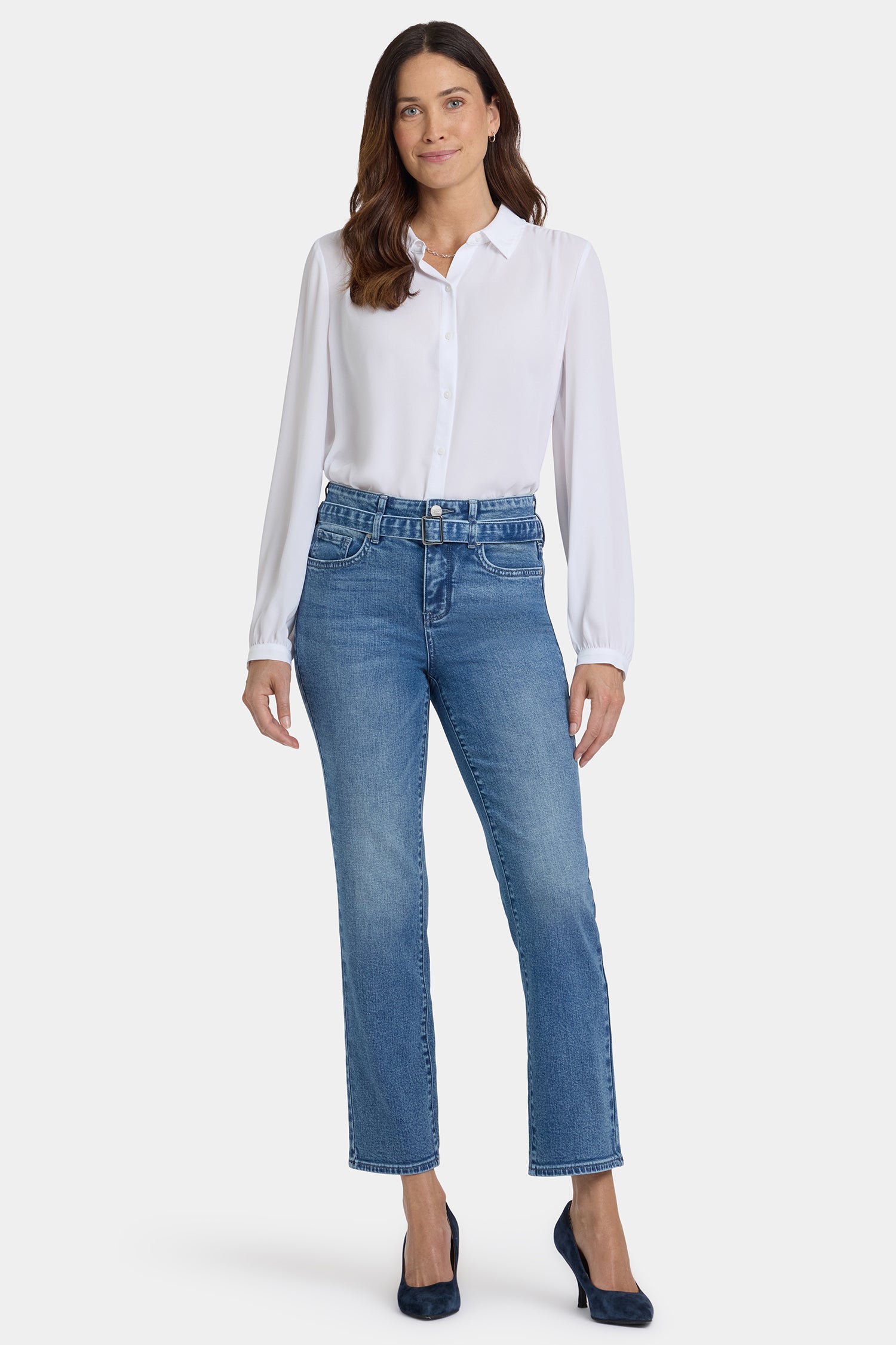 NYDJ Marilyn Straight Ankle Jeans With High Rise And Belt - Washed Crystal