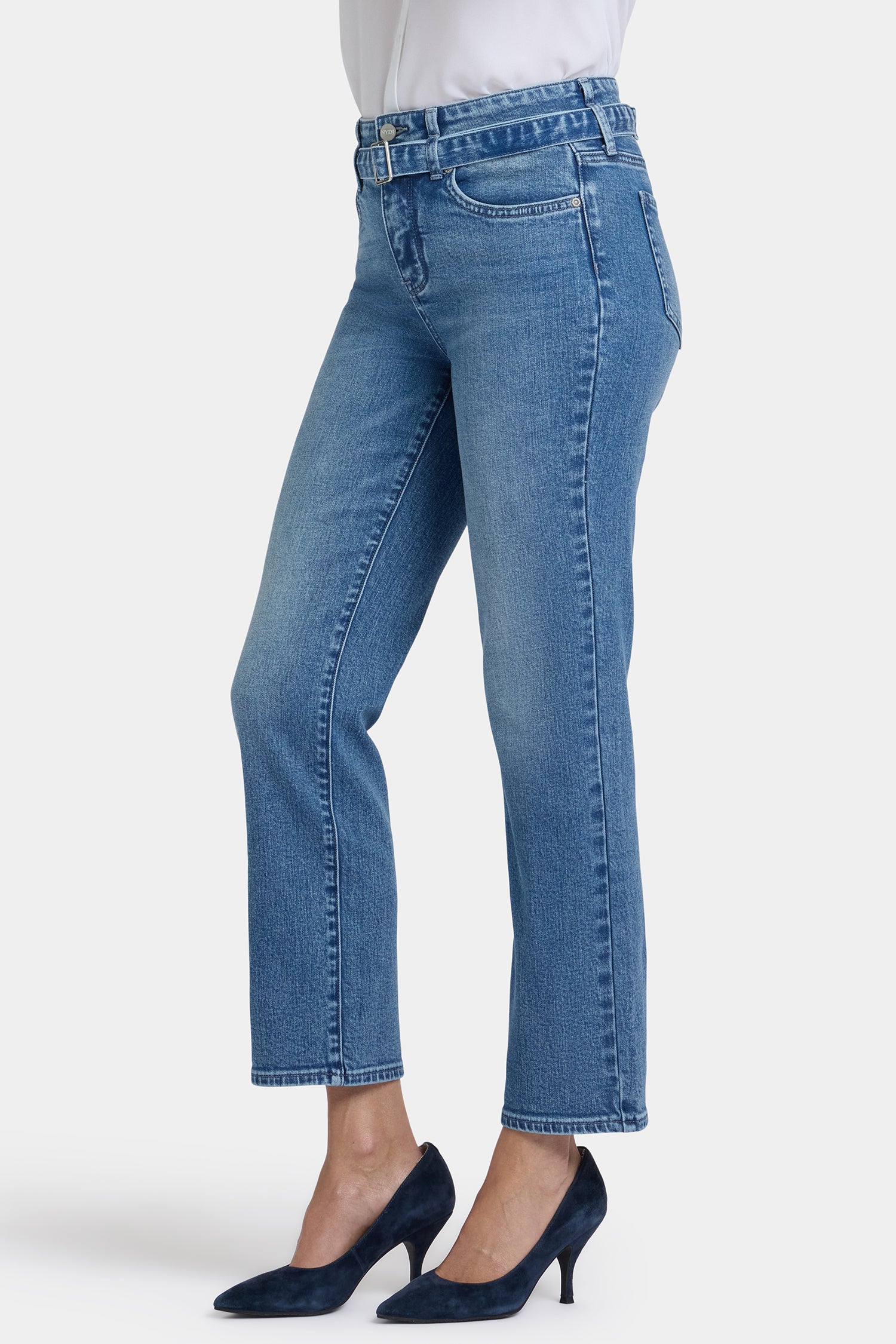 NYDJ Marilyn Straight Ankle Jeans With High Rise And Belt - Washed Crystal