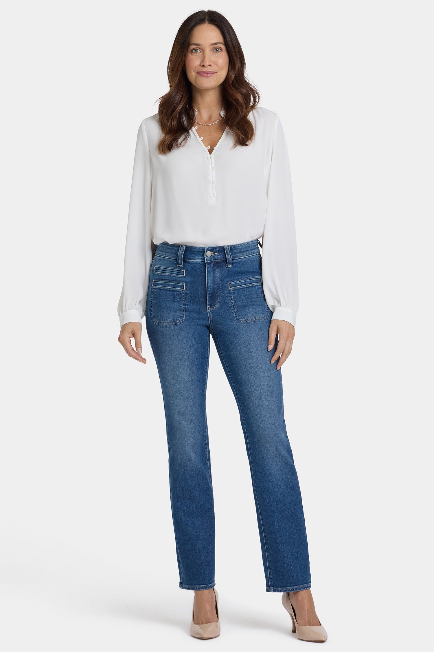 NYDJ Marilyn Straight Jeans With High Rise, Utility Welt Pockets And 31
