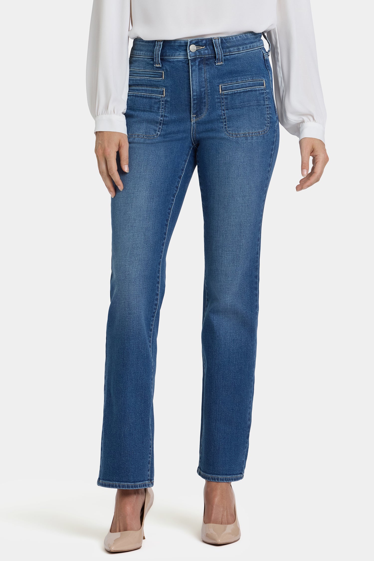 NYDJ Marilyn Straight Jeans With High Rise, Utility Welt Pockets And 31