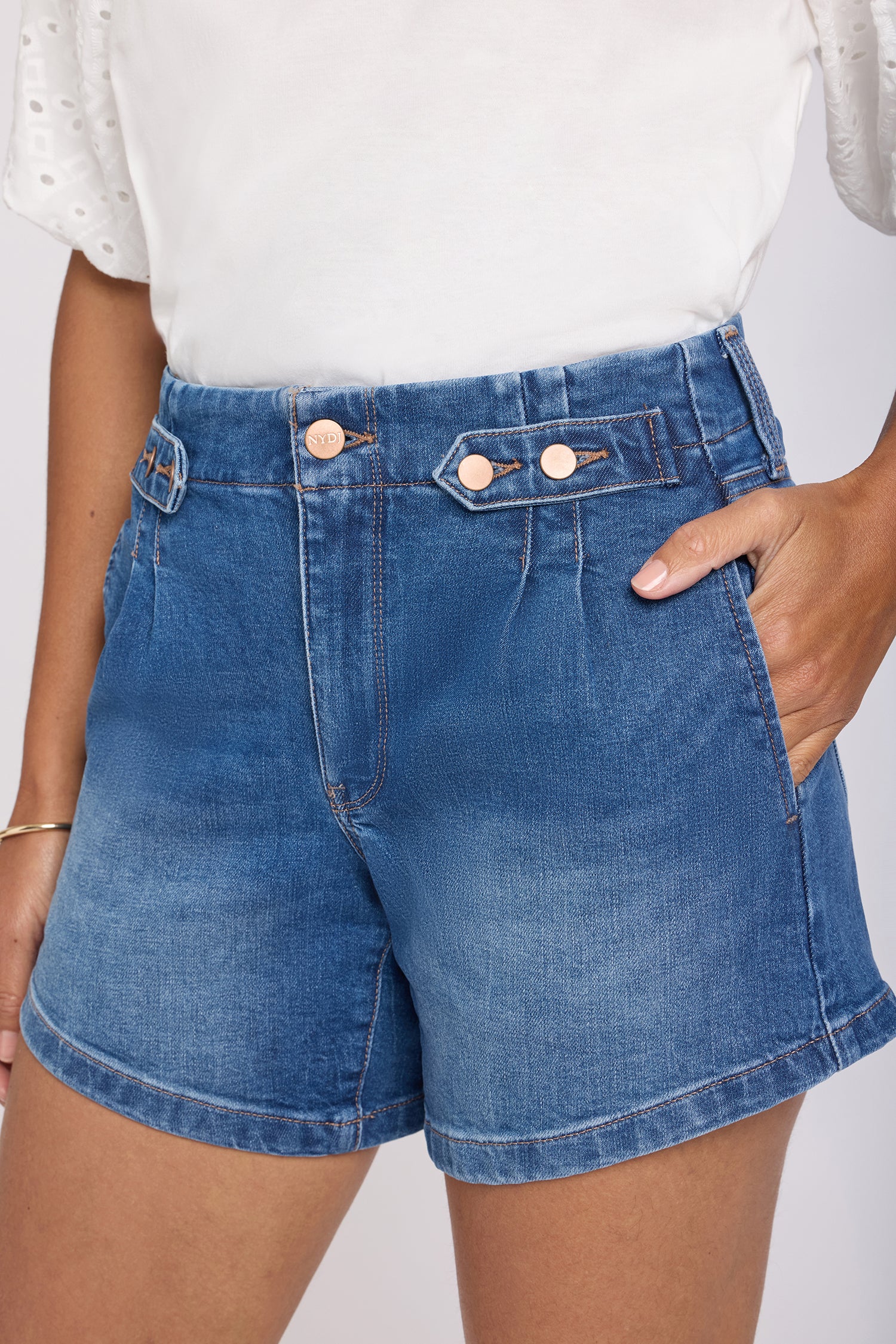 NYDJ Seline Shorts With High Rise, Pleats And Button Tabs - Wild River