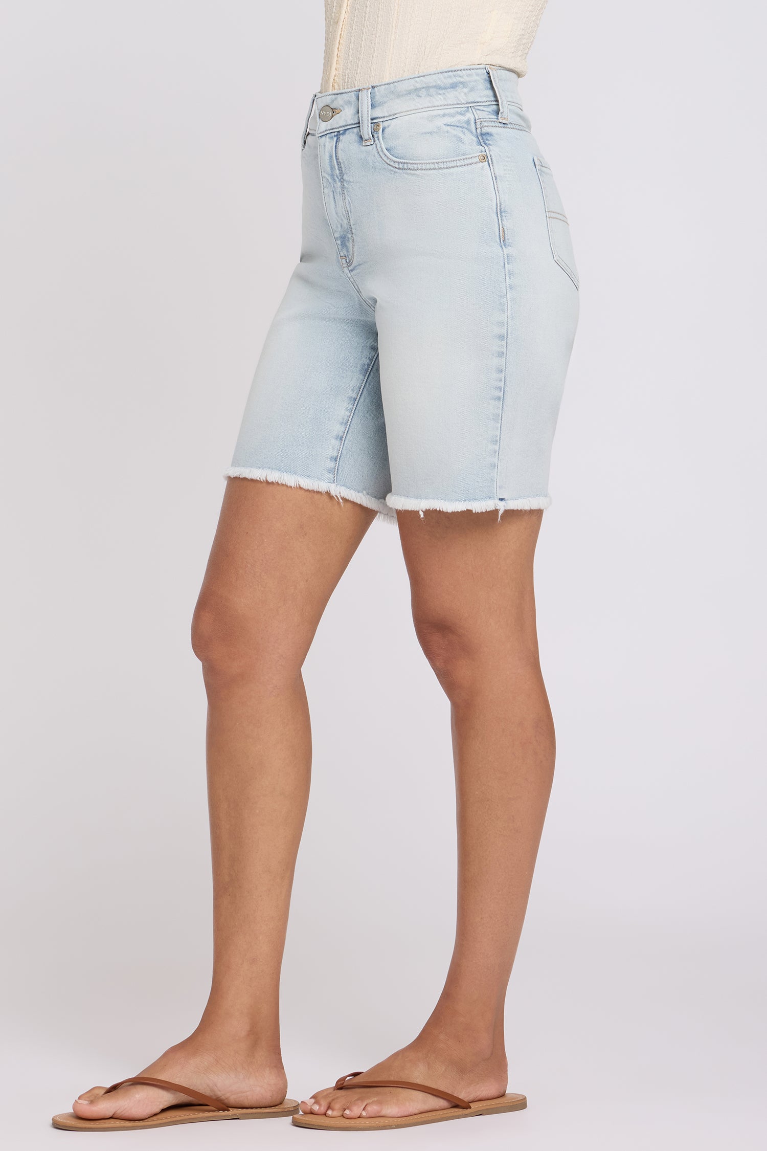 NYDJ Erin Relaxed Denim Shorts With High Rise, Back Pocket Stitching And Frayed Hems - Desert Shoreline
