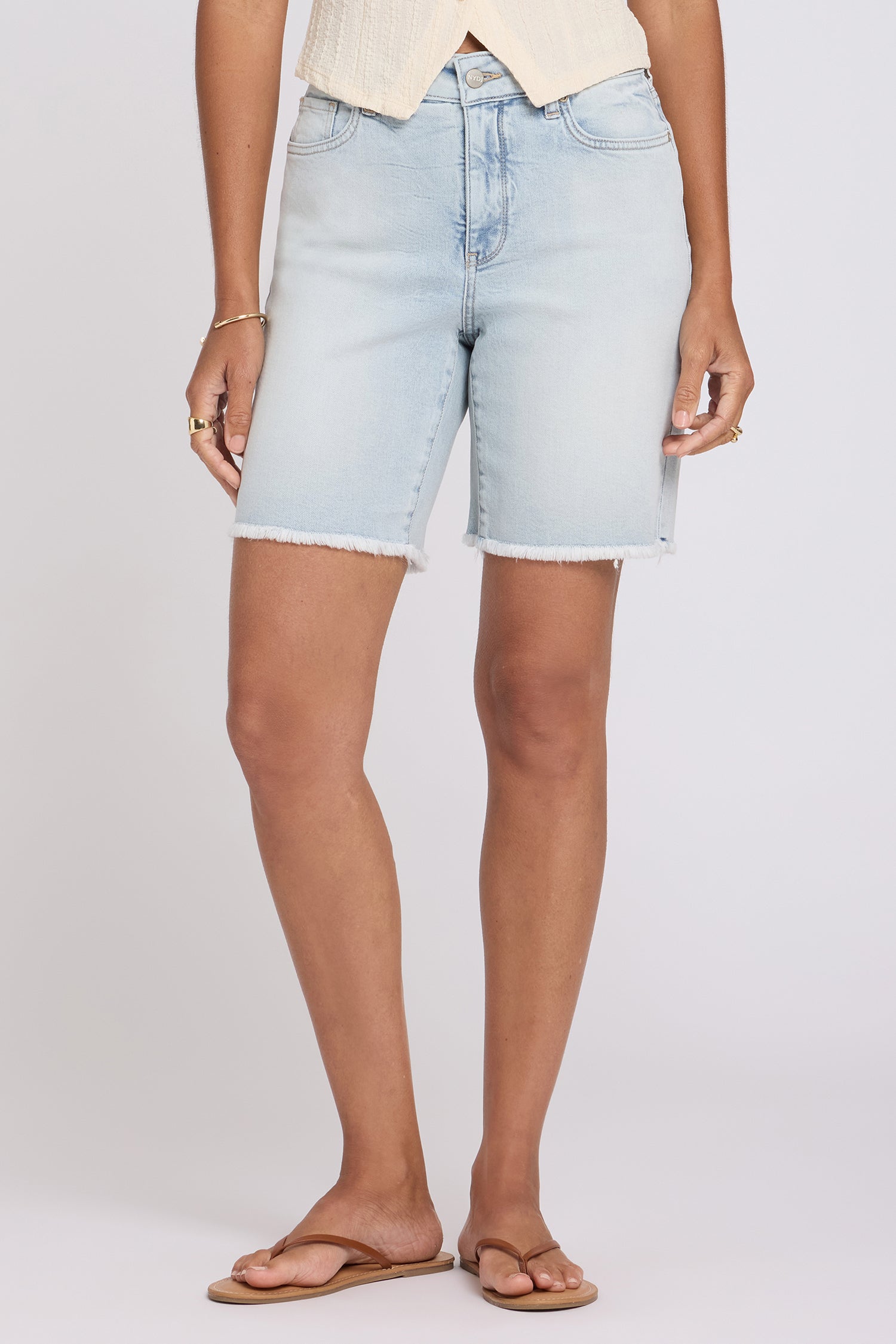 NYDJ Erin Relaxed Denim Shorts With High Rise, Back Pocket Stitching And Frayed Hems - Desert Shoreline