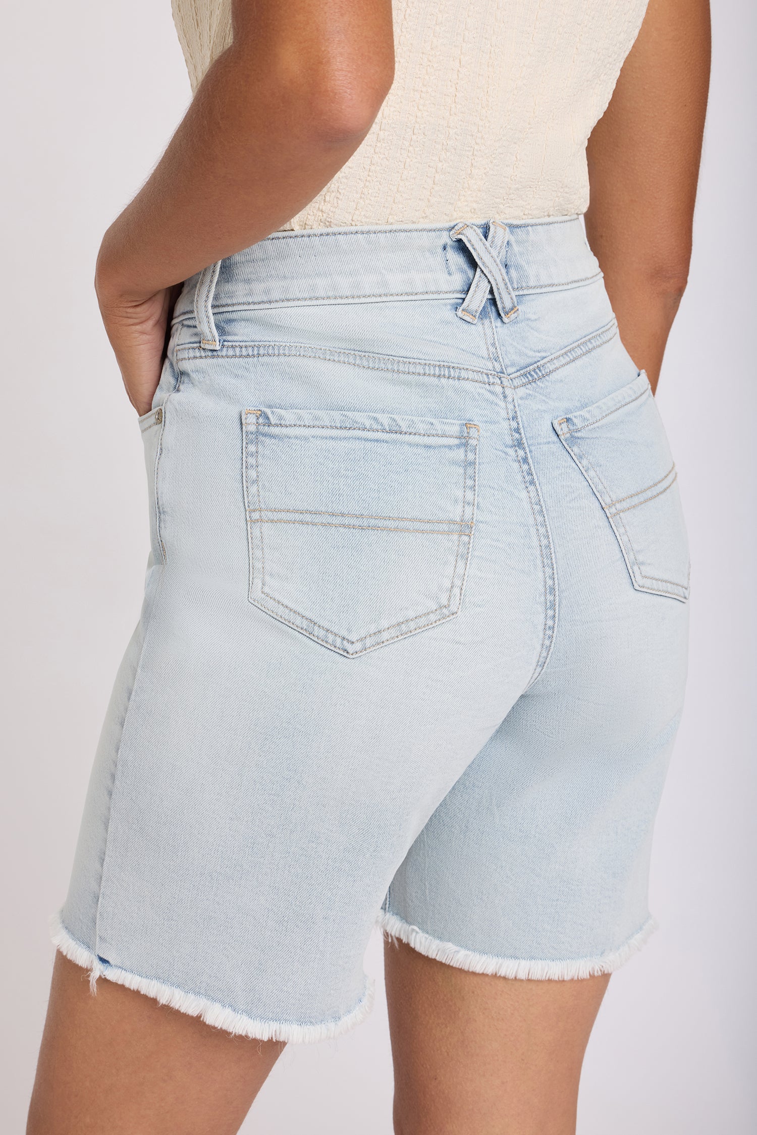 NYDJ Erin Relaxed Denim Shorts With High Rise, Back Pocket Stitching And Frayed Hems - Desert Shoreline