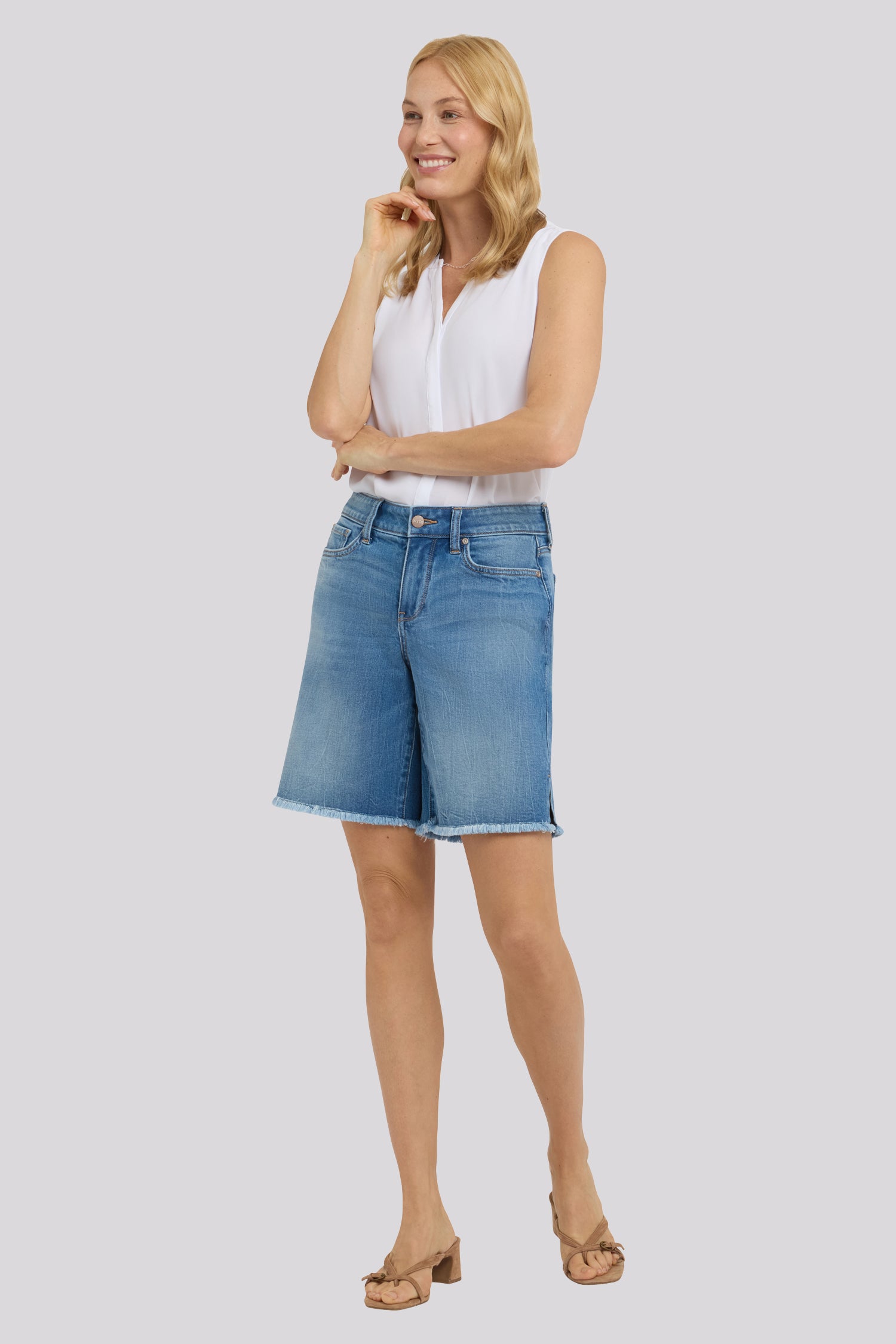 NYDJ Naomi Relaxed A-Line Denim Shorts With Criss-Cross Belt Loop, Side Slits And Frayed Hems - Pacifica
