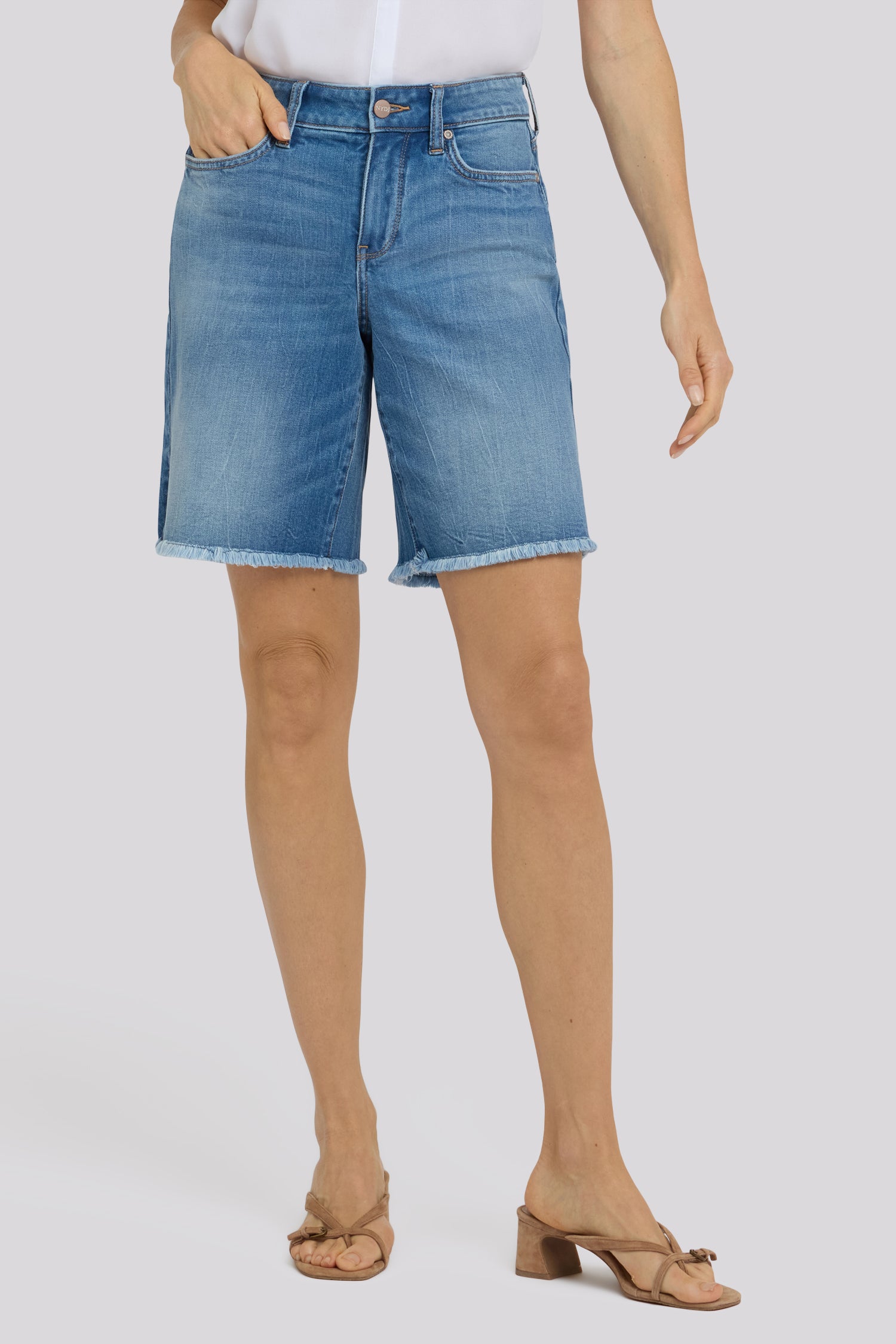 NYDJ Naomi Relaxed A-Line Denim Shorts With Criss-Cross Belt Loop, Side Slits And Frayed Hems - Pacifica
