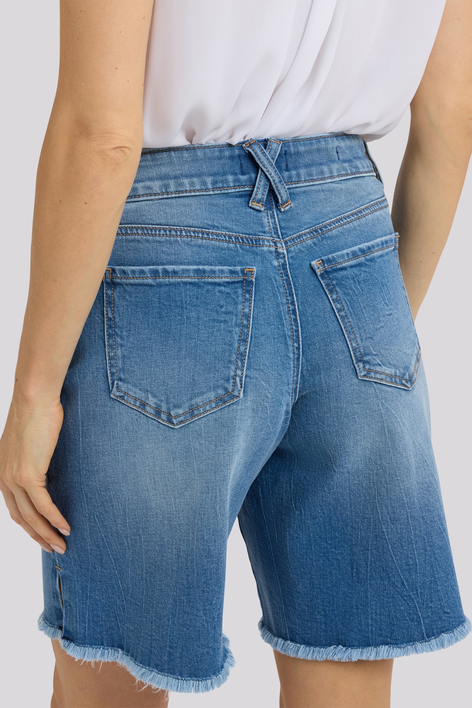 NYDJ Naomi Relaxed A-Line Denim Shorts With Criss-Cross Belt Loop, Side Slits And Frayed Hems - Pacifica