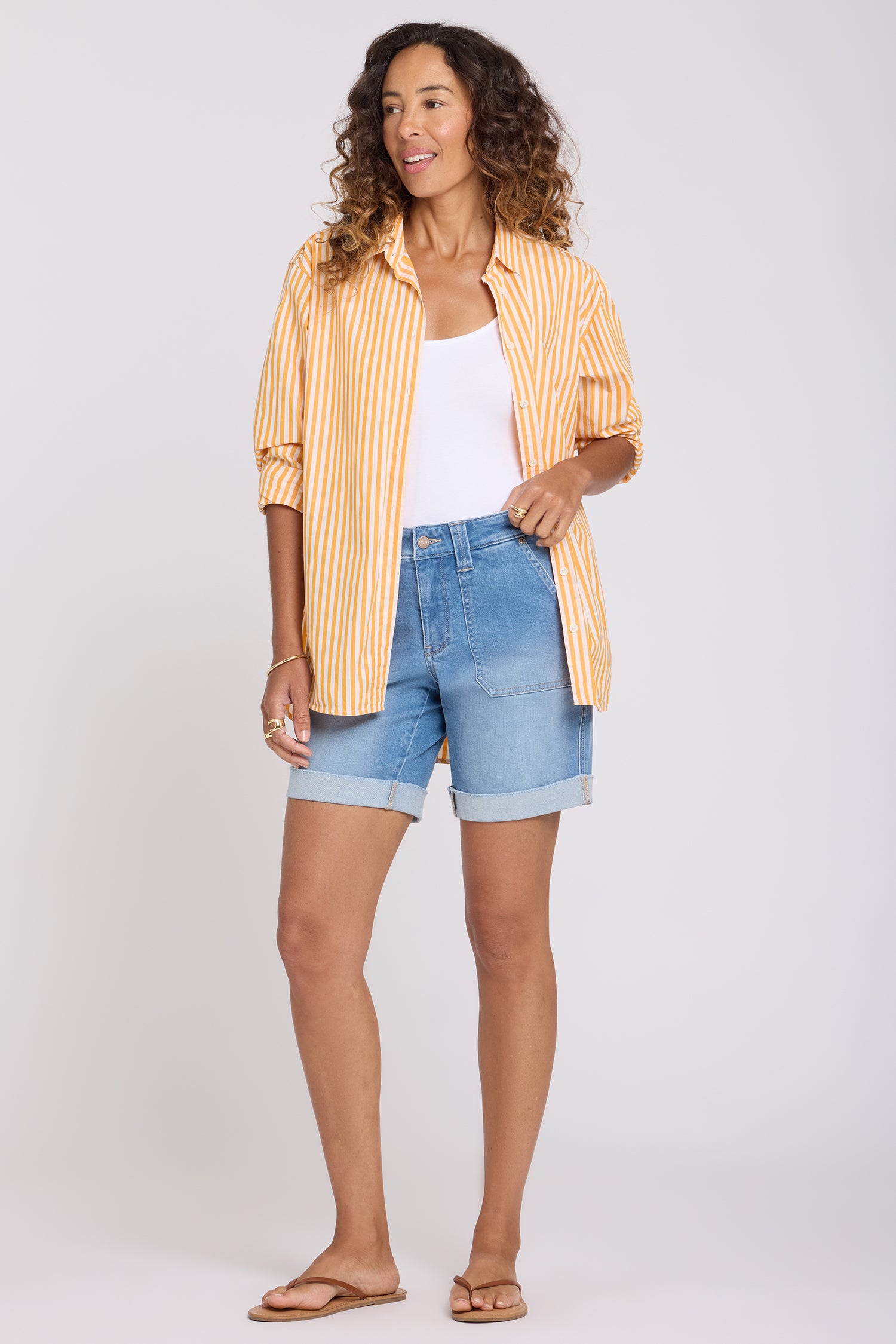 NYDJ Diana Relaxed Denim Shorts With Utility Pockets And Frayed Cuffs - Distressed Vista Lakes