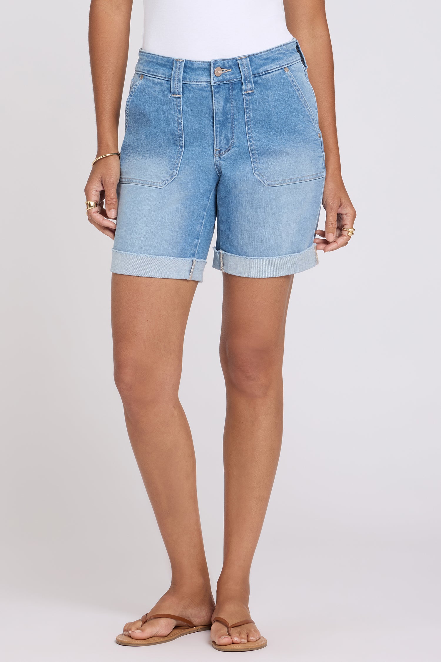 NYDJ Diana Relaxed Denim Shorts With Utility Pockets And Frayed Cuffs - Distressed Vista Lakes