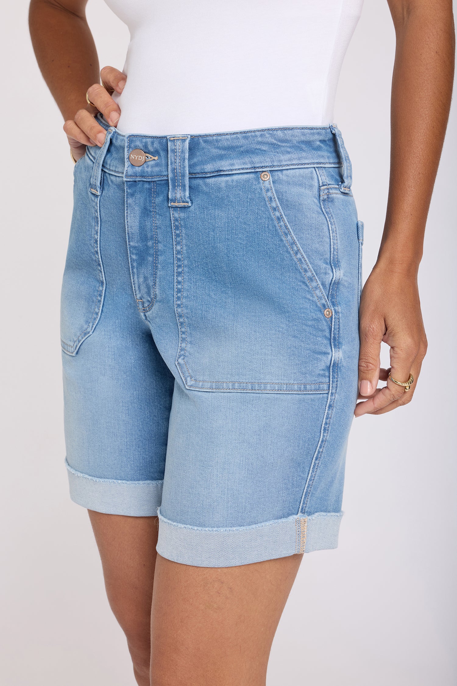 NYDJ Diana Relaxed Denim Shorts With Utility Pockets And Frayed Cuffs - Distressed Vista Lakes