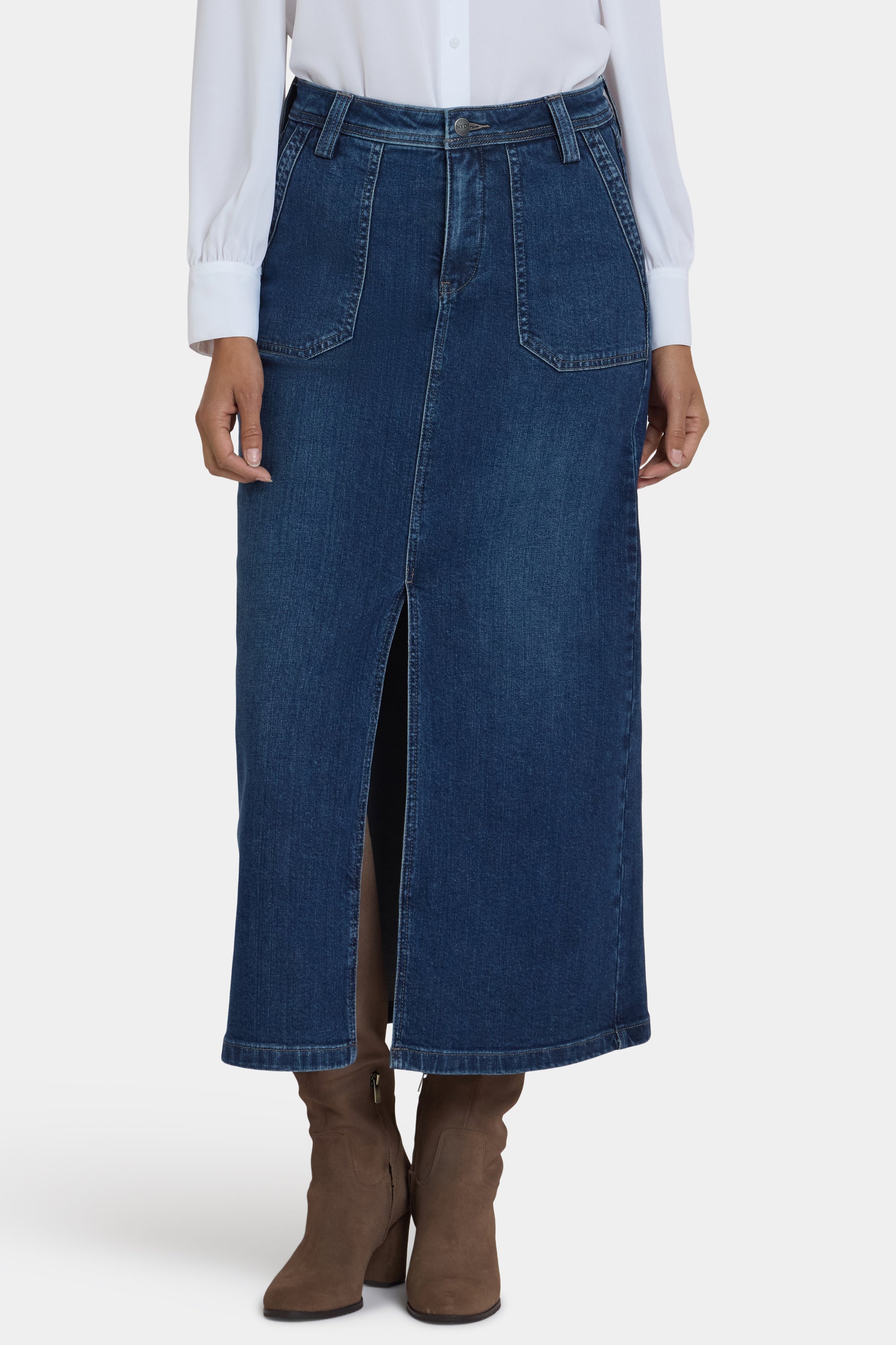 NYDJ High Rise Long Skirt With Utility Pockets And Center Front Slit - Louvre Sapphire