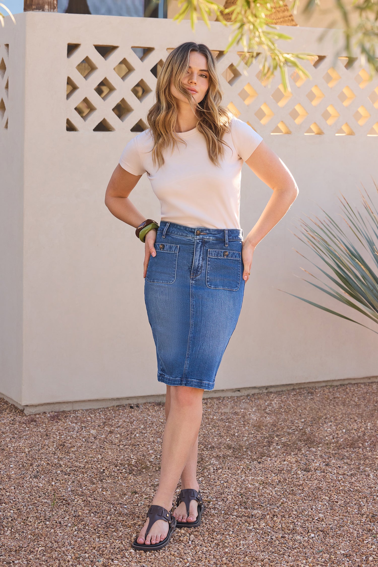 NYDJ High Rise Denim Skirt With Rounded Patch Pockets - Wild River
