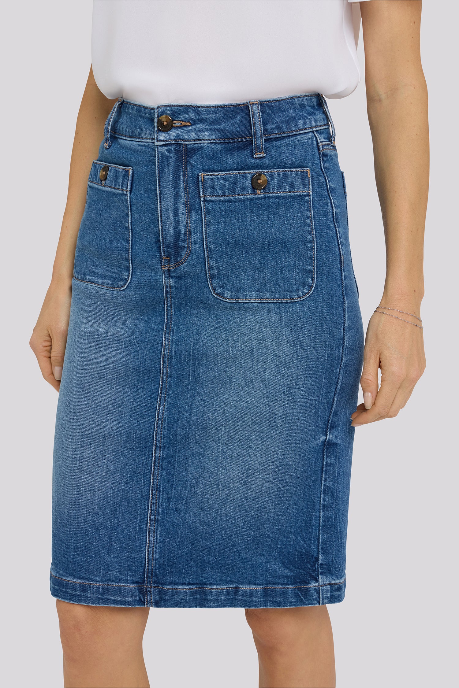 NYDJ High Rise Denim Skirt With Rounded Patch Pockets - Wild River