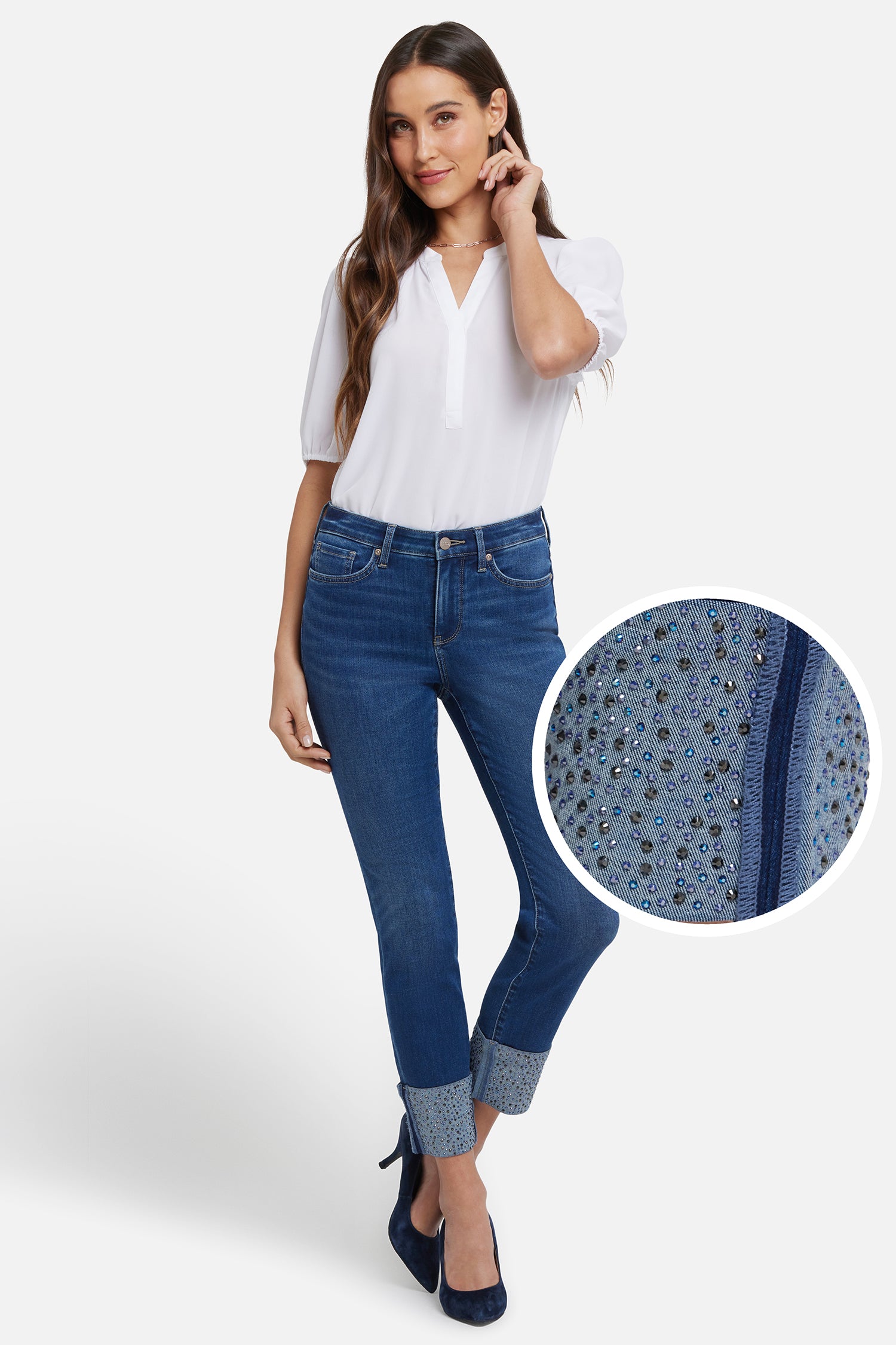 NYDJ Sheri Slim Ankle Jeans With Rhinestone Cuffs - Vintage Lapis