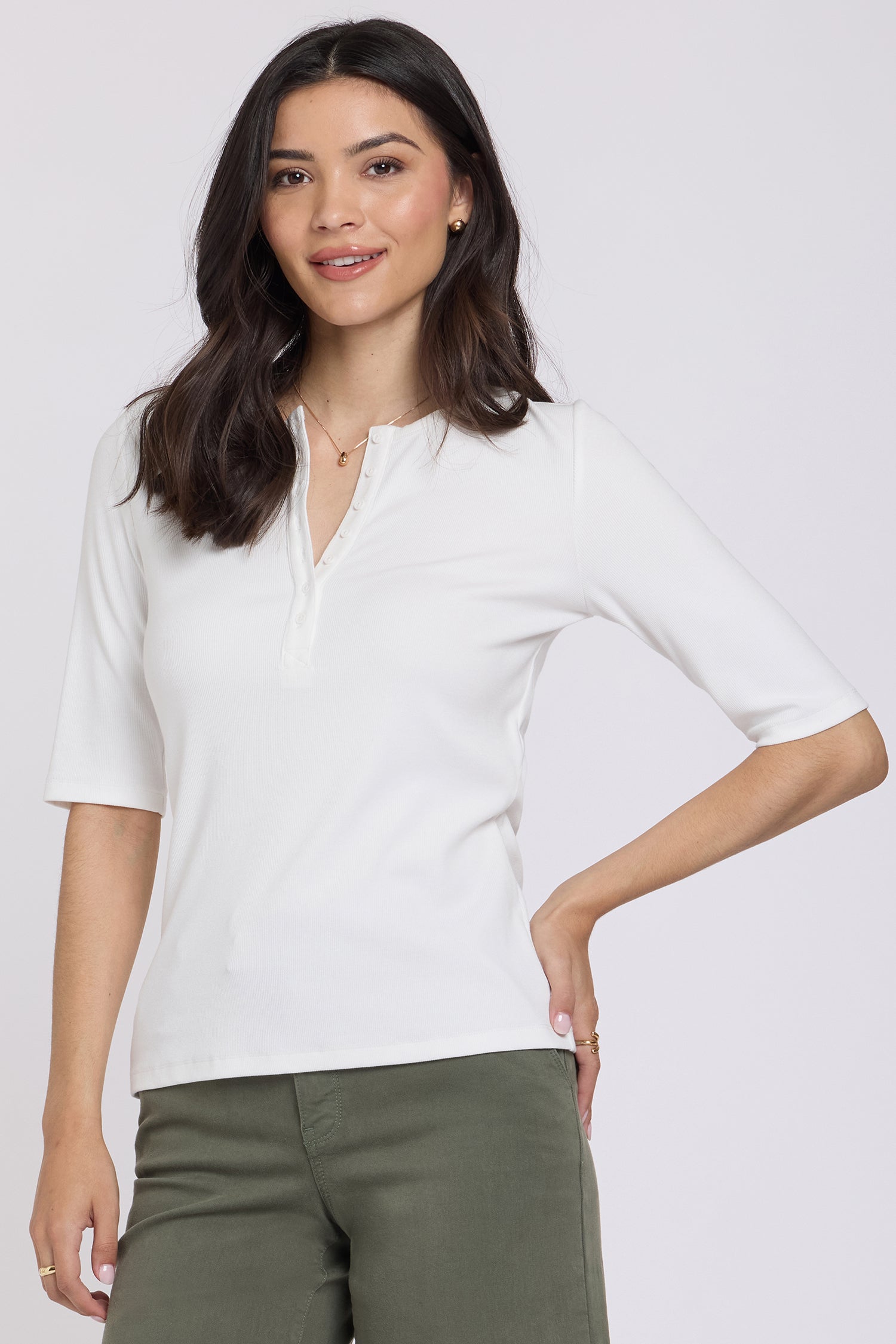 NYDJ Ribbed Elbow Sleeved Henley  - Optic White