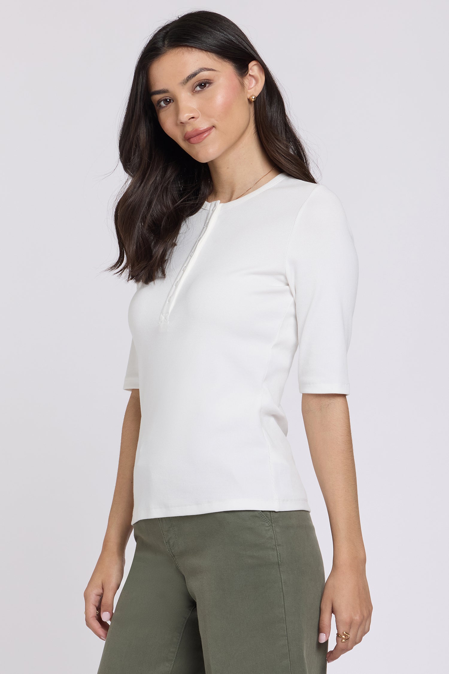 NYDJ Ribbed Elbow Sleeved Henley  - Optic White