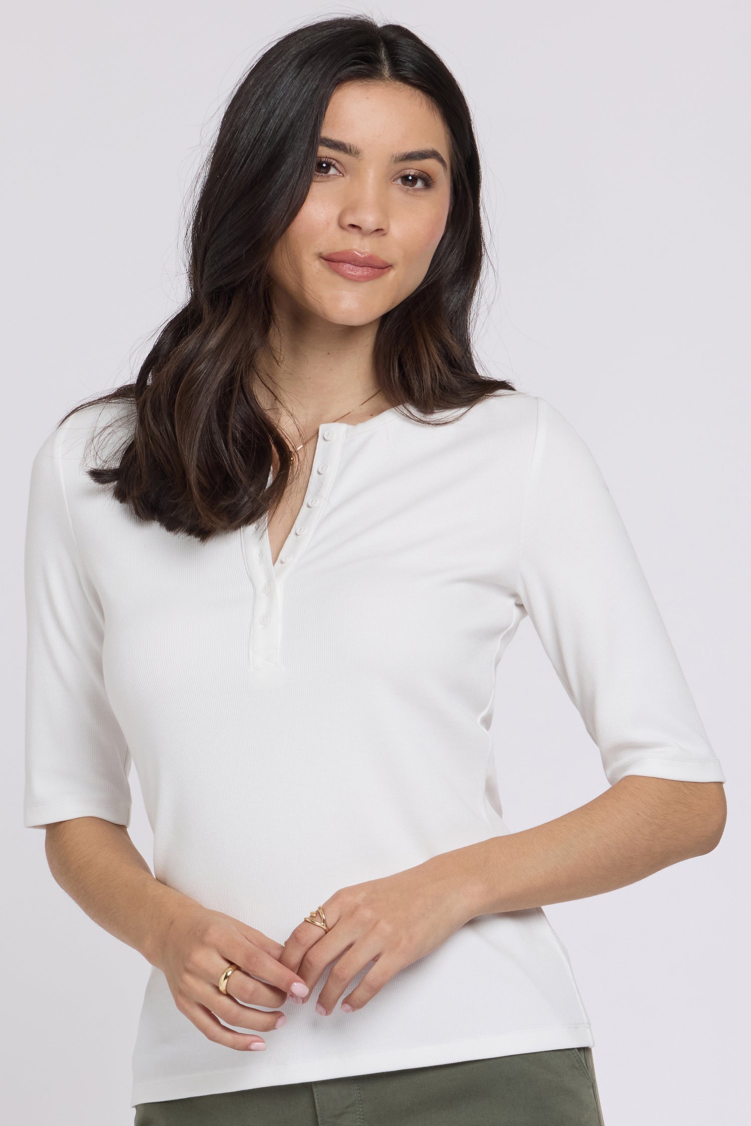 NYDJ Ribbed Elbow Sleeved Henley  - Optic White