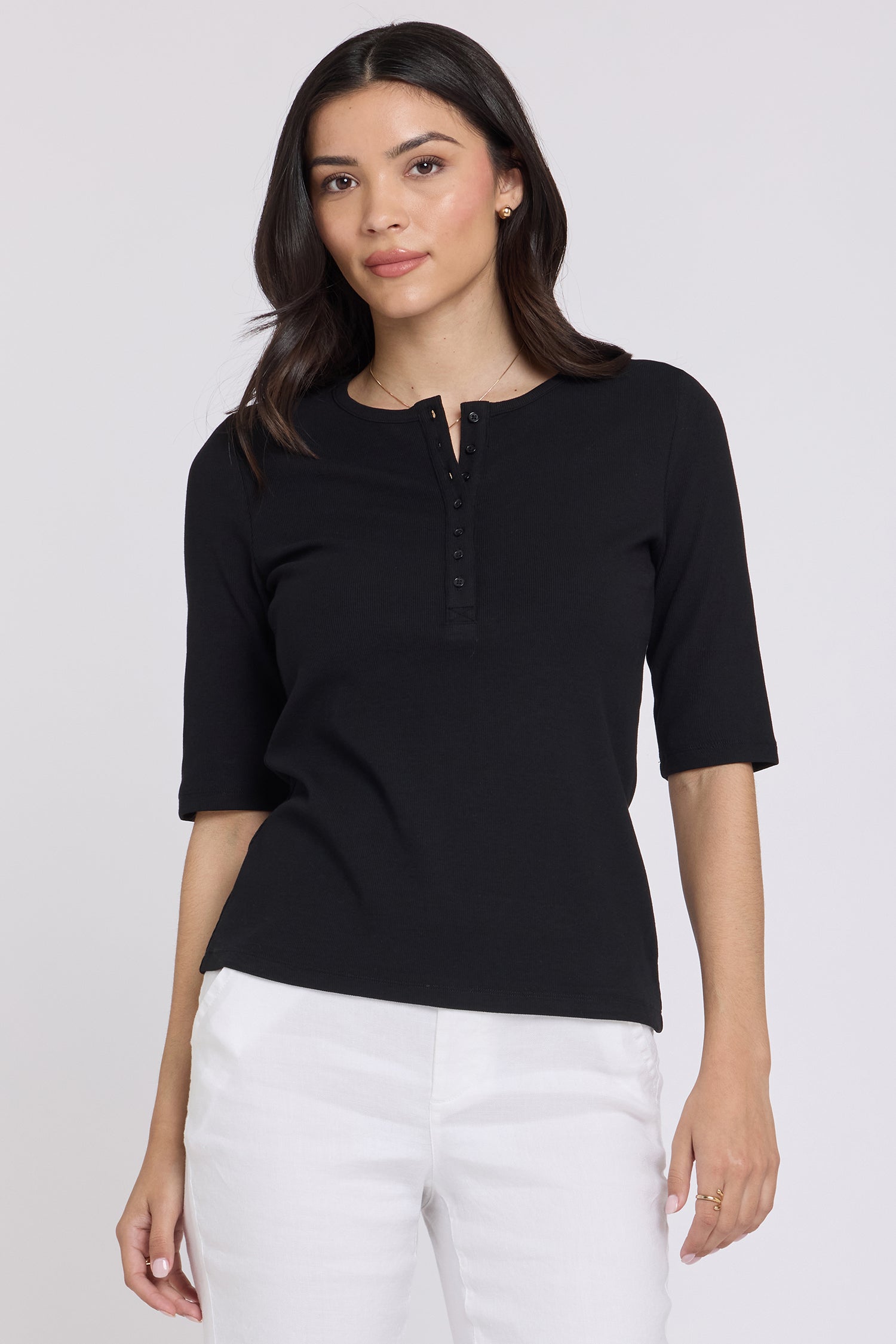 NYDJ Ribbed Elbow Sleeved Henley  - Black