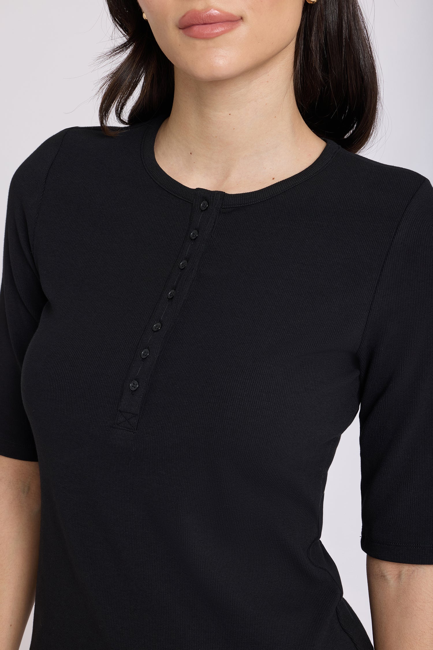 NYDJ Ribbed Elbow Sleeved Henley  - Black