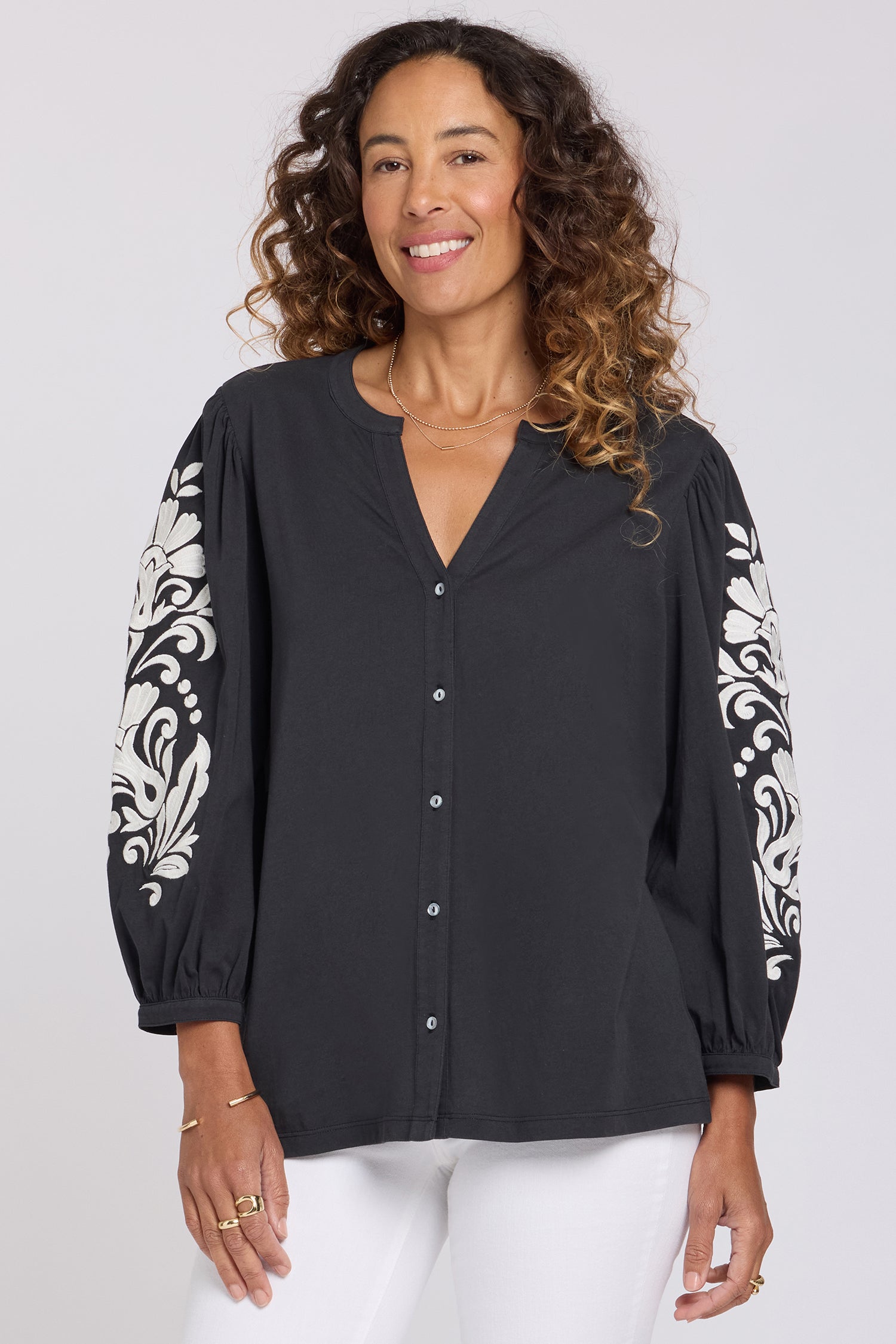 NYDJ Embroidered Knit Blouse  - Black Ivory