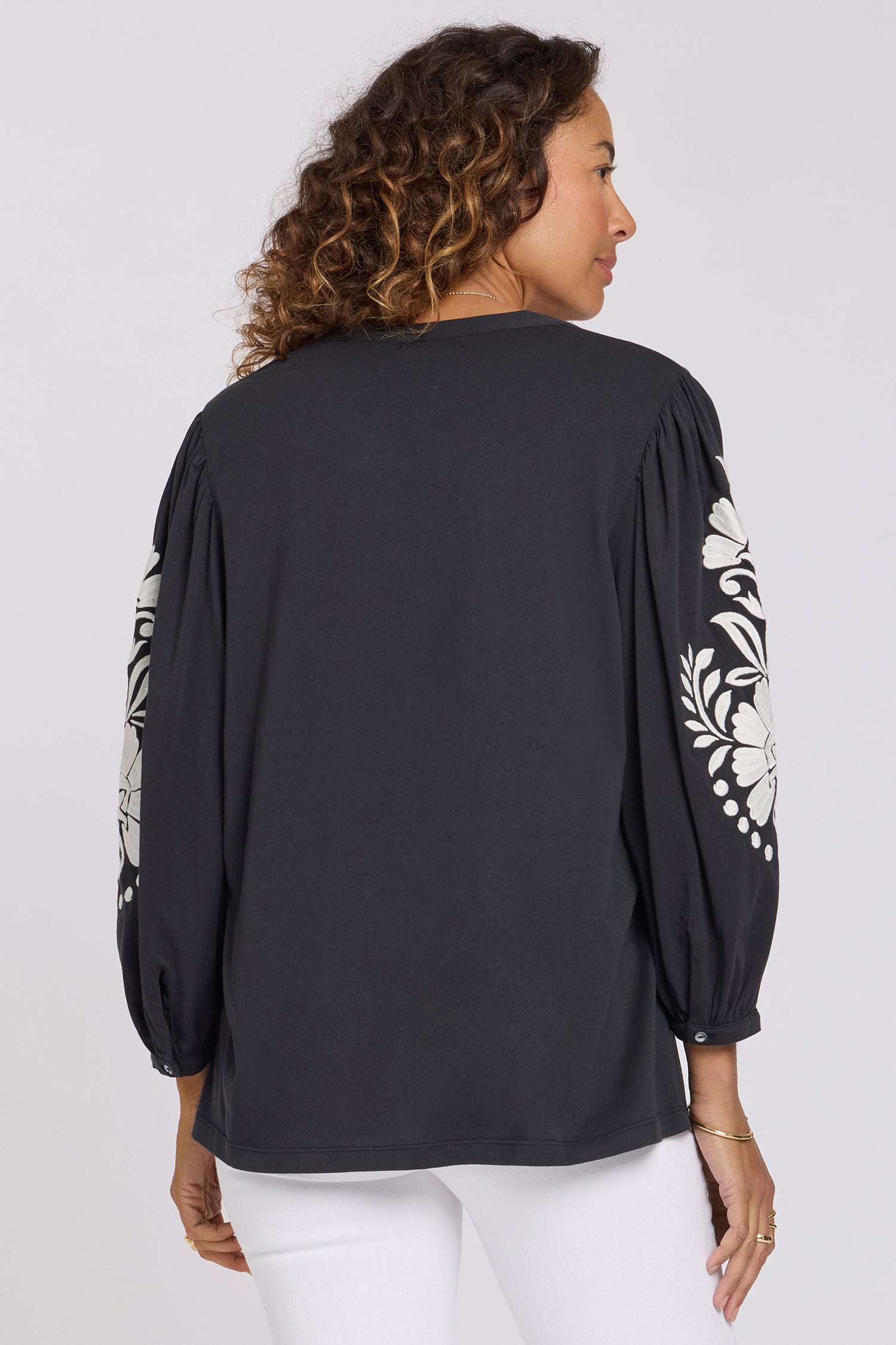 NYDJ Embroidered Knit Blouse  - Black Ivory