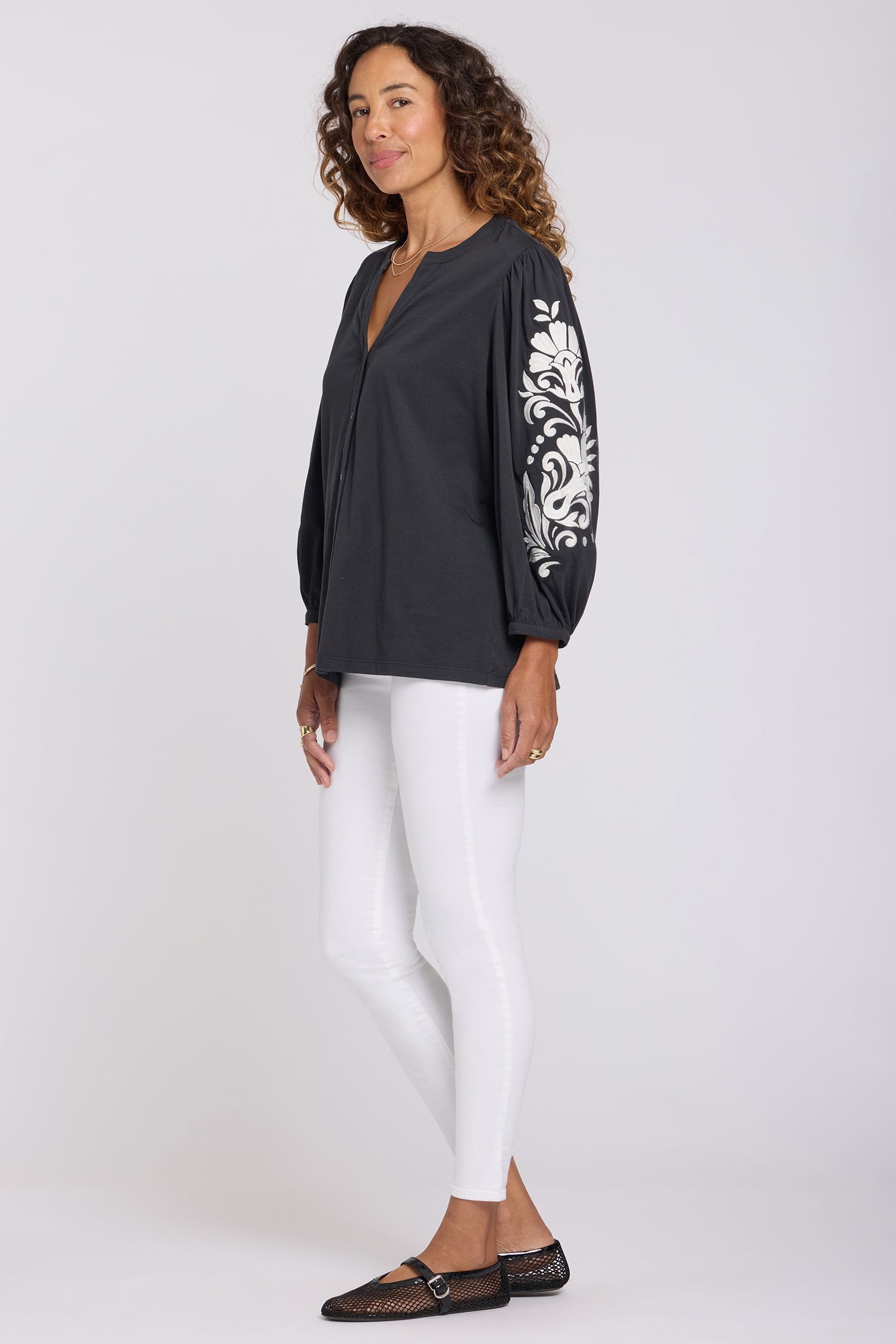 NYDJ Embroidered Knit Blouse  - Black Ivory