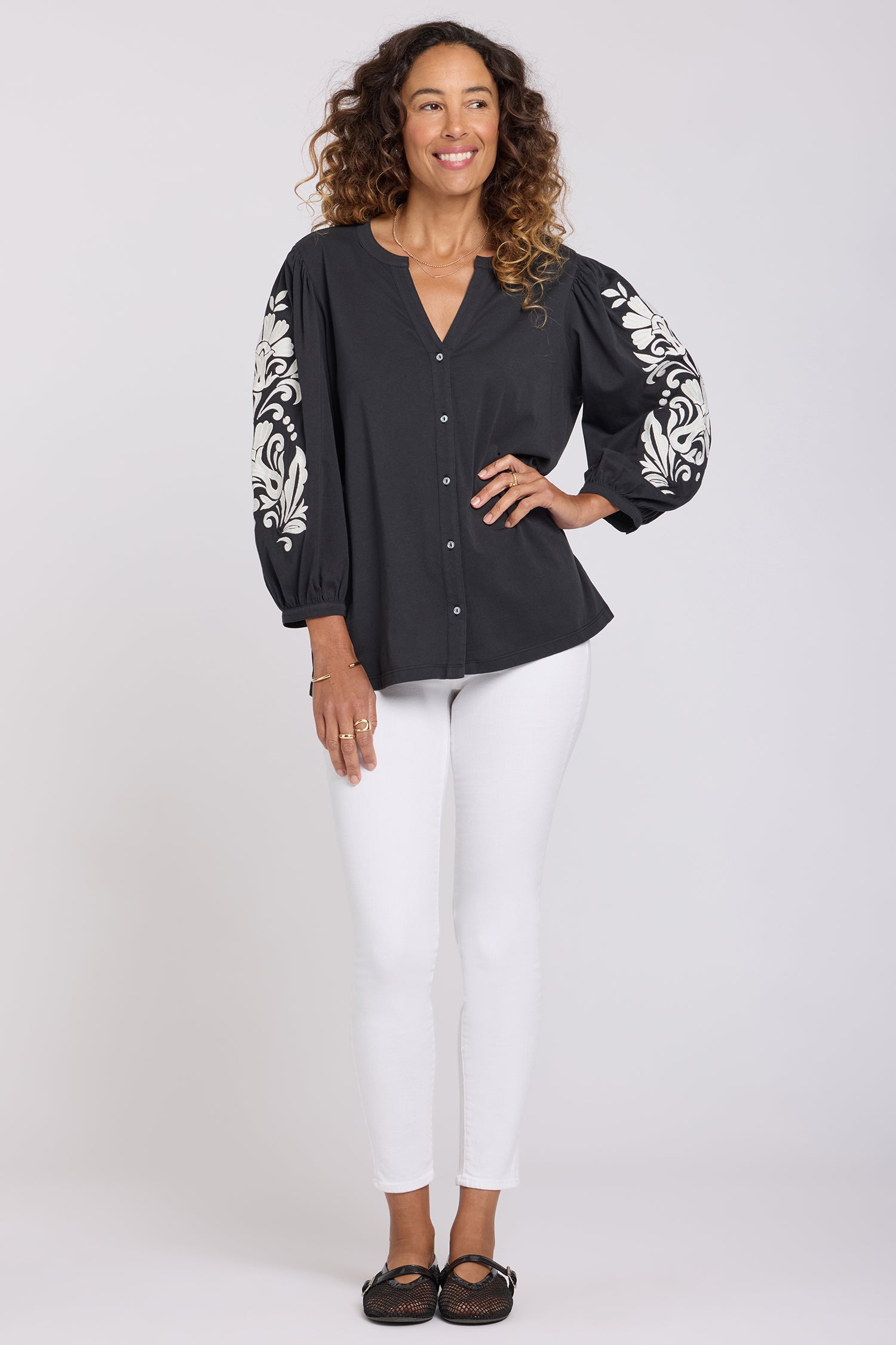 NYDJ Embroidered Knit Blouse  - Black Ivory
