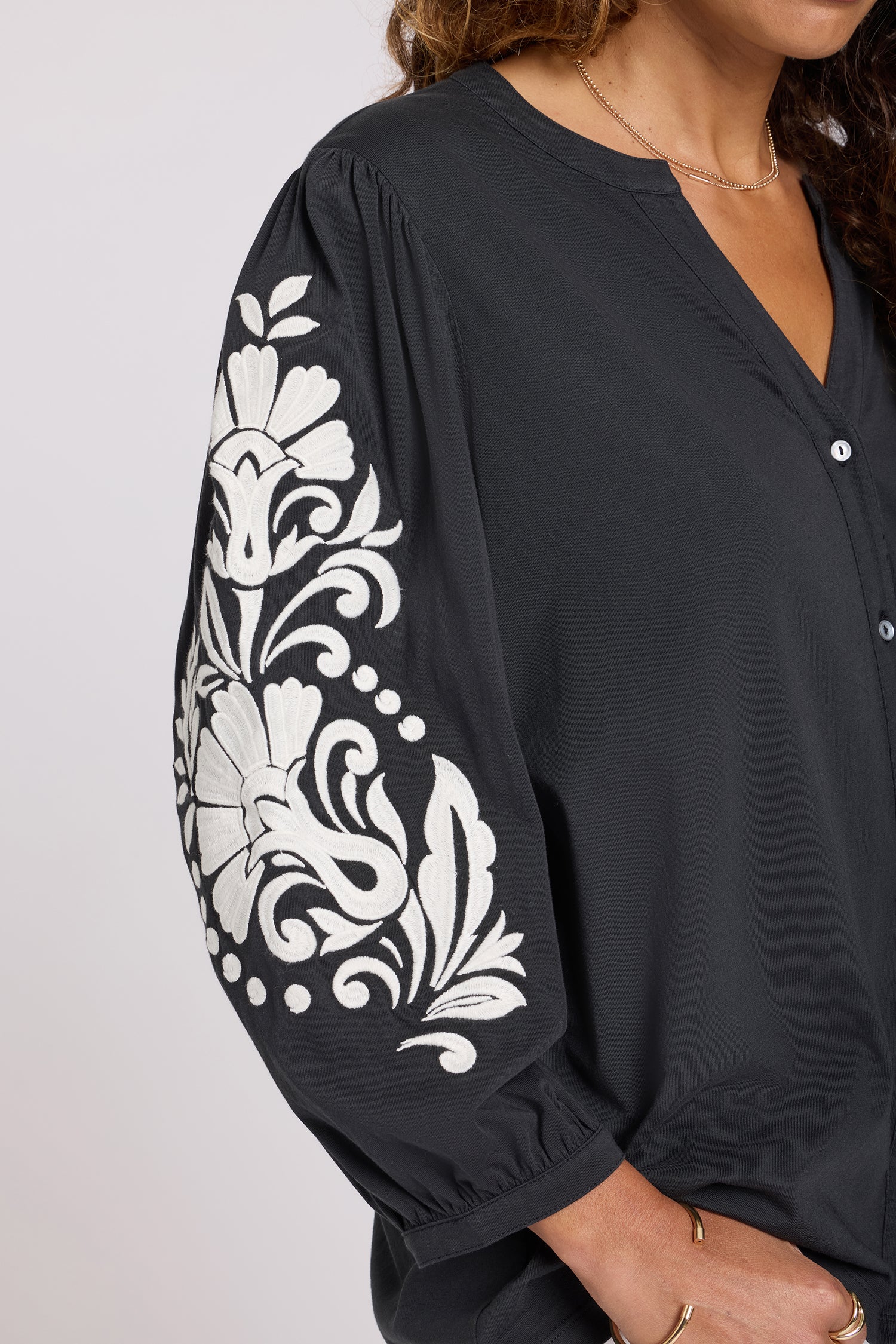 NYDJ Embroidered Knit Blouse  - Black Ivory