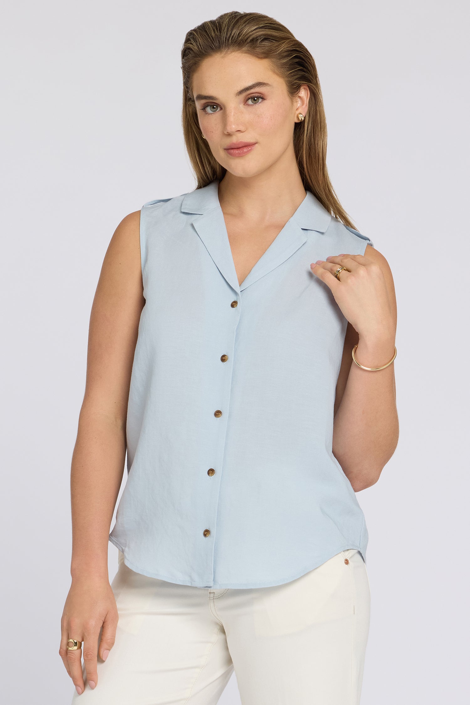 NYDJ Gabrielle Sleeveless Blouse In Linen - Blue Clover