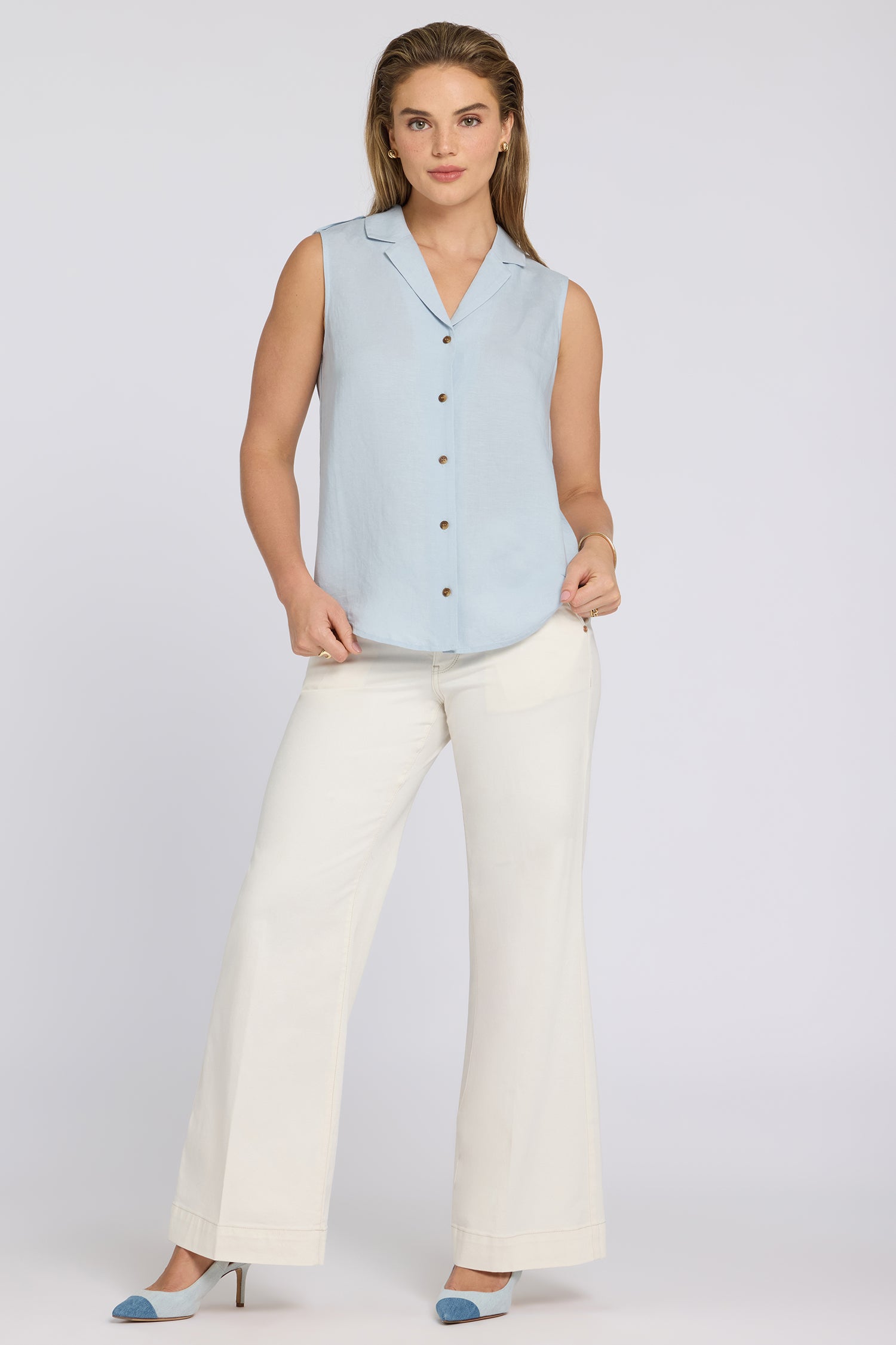 NYDJ Gabrielle Sleeveless Blouse In Linen - Blue Clover