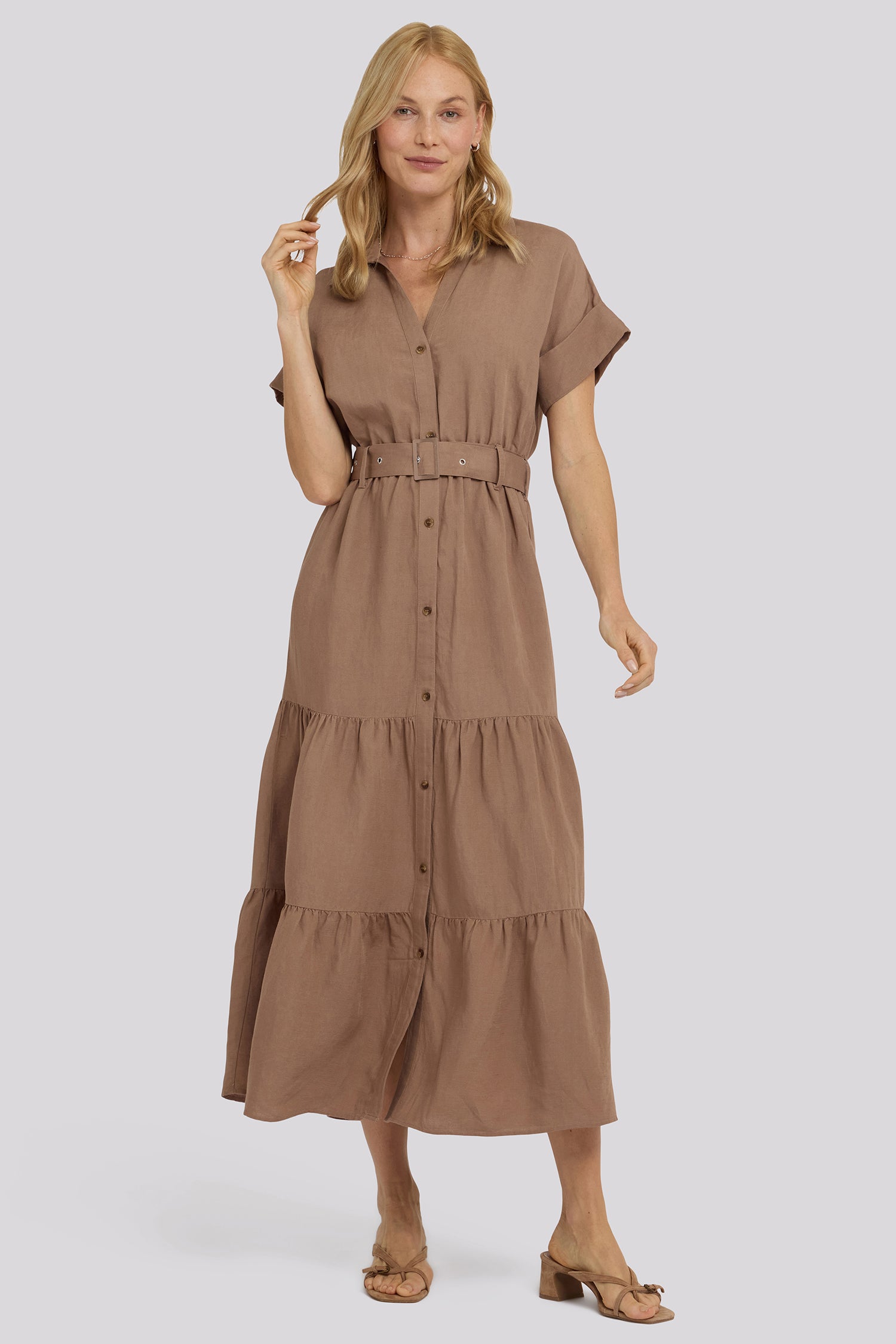 NYDJ Belted Tiered Shirtdress In Linen - Toasted Coconut
