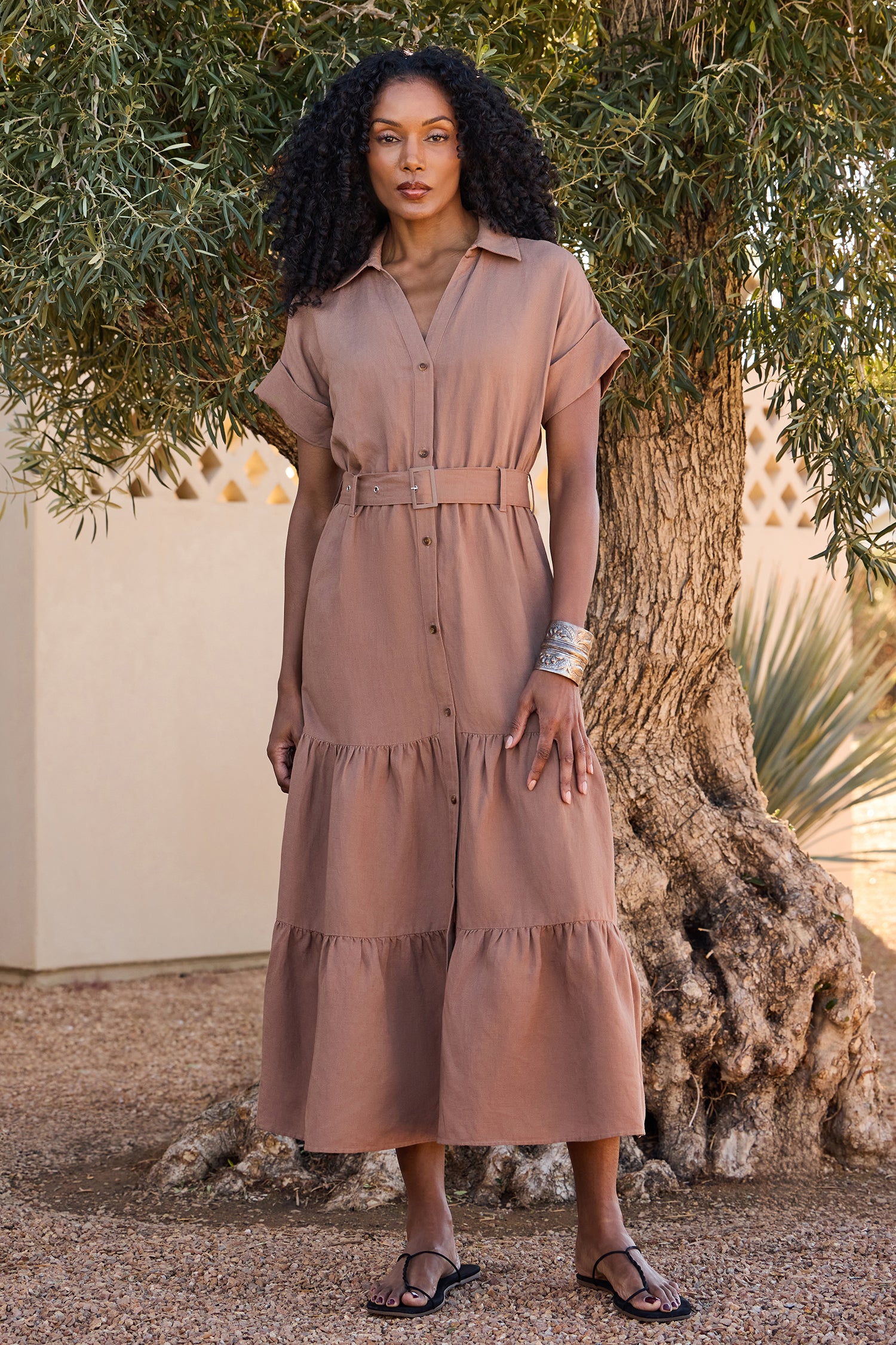 NYDJ Belted Tiered Shirtdress In Linen - Toasted Coconut