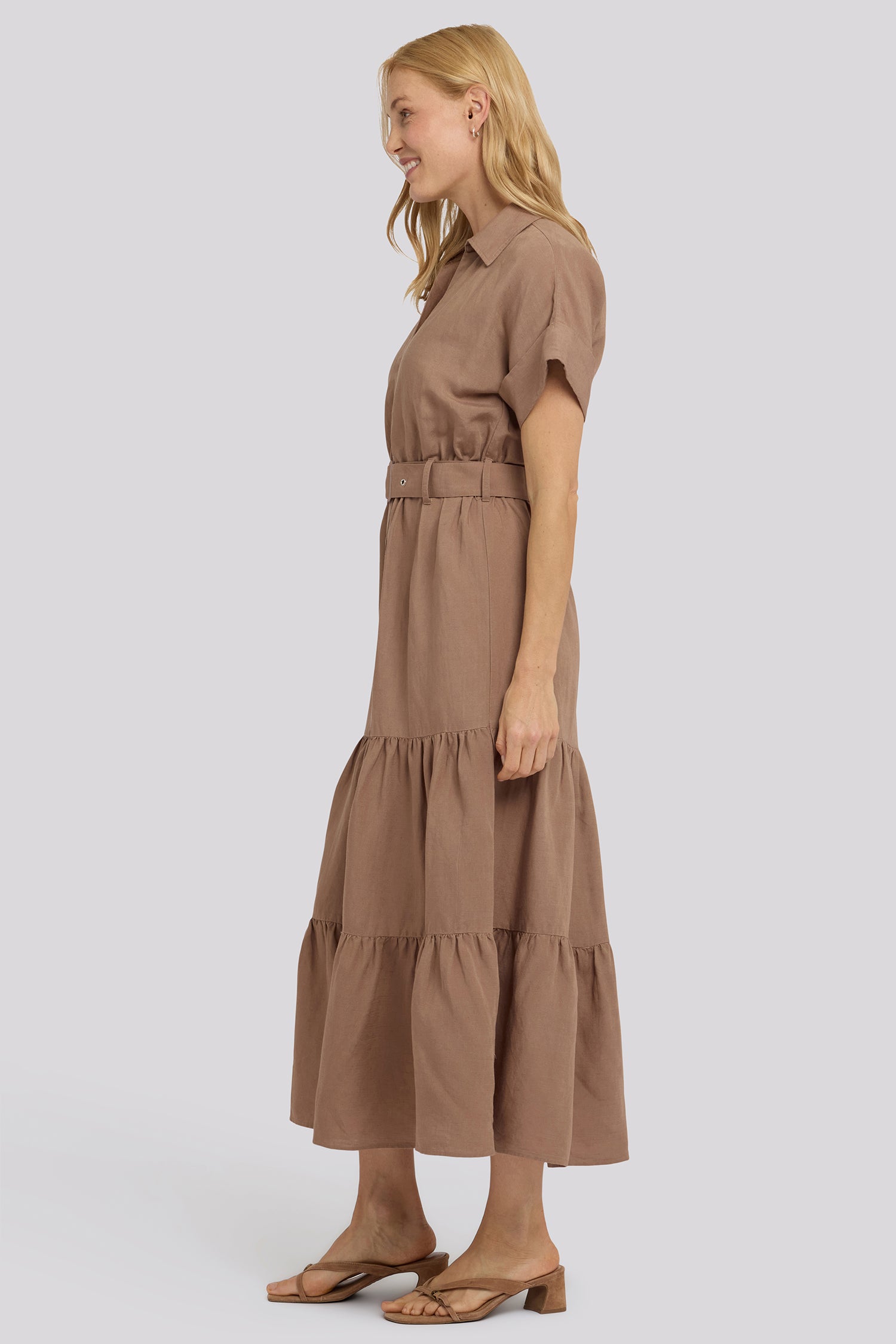 NYDJ Belted Tiered Shirtdress In Linen - Toasted Coconut