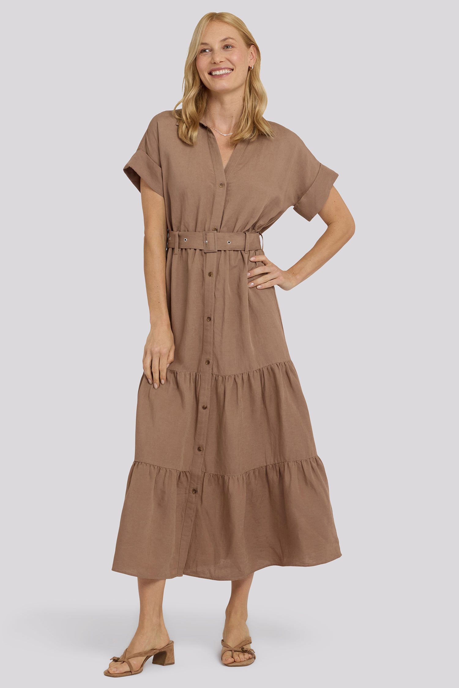 NYDJ Belted Tiered Shirtdress In Linen - Toasted Coconut