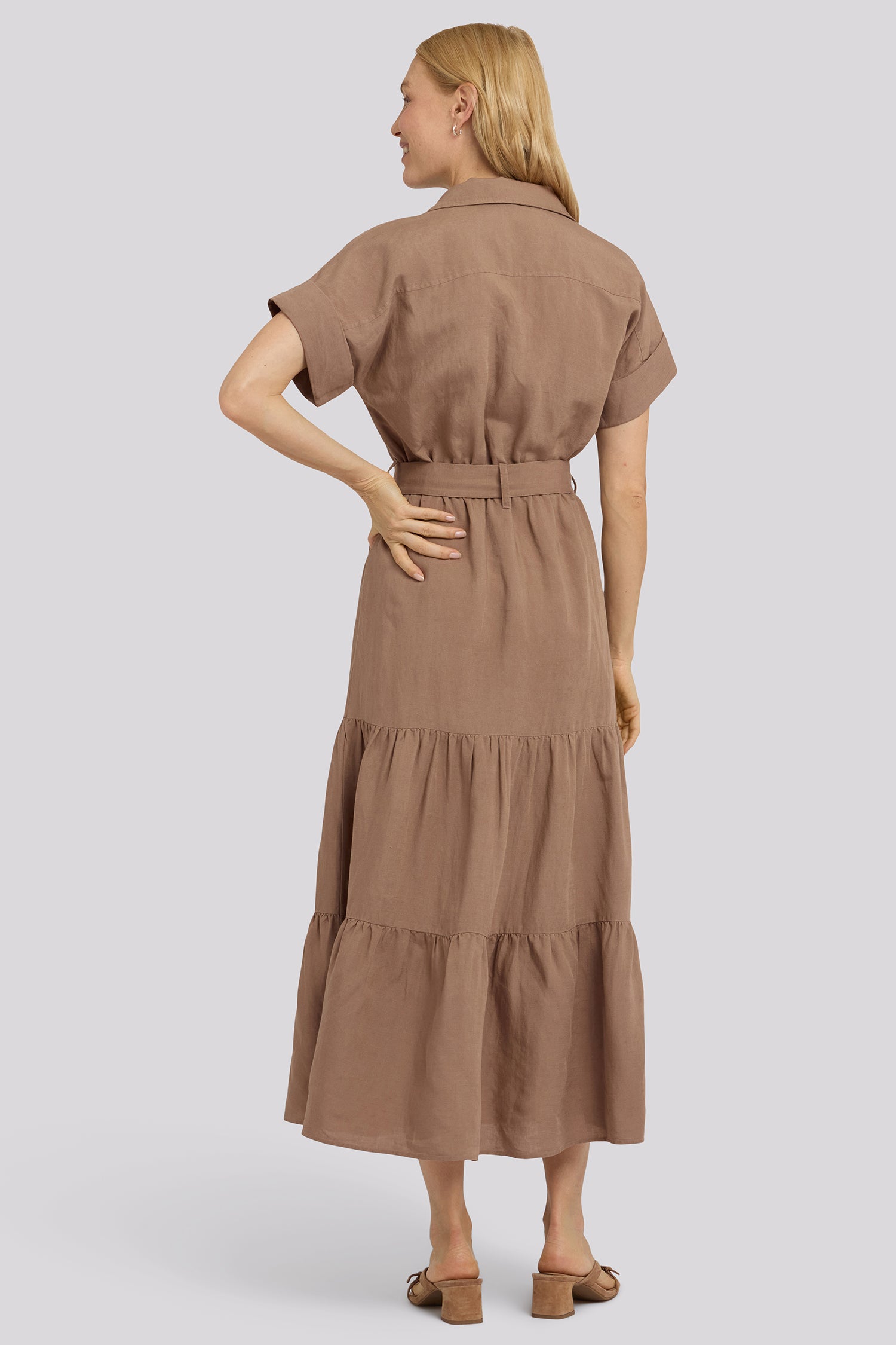 NYDJ Belted Tiered Shirtdress In Linen - Toasted Coconut