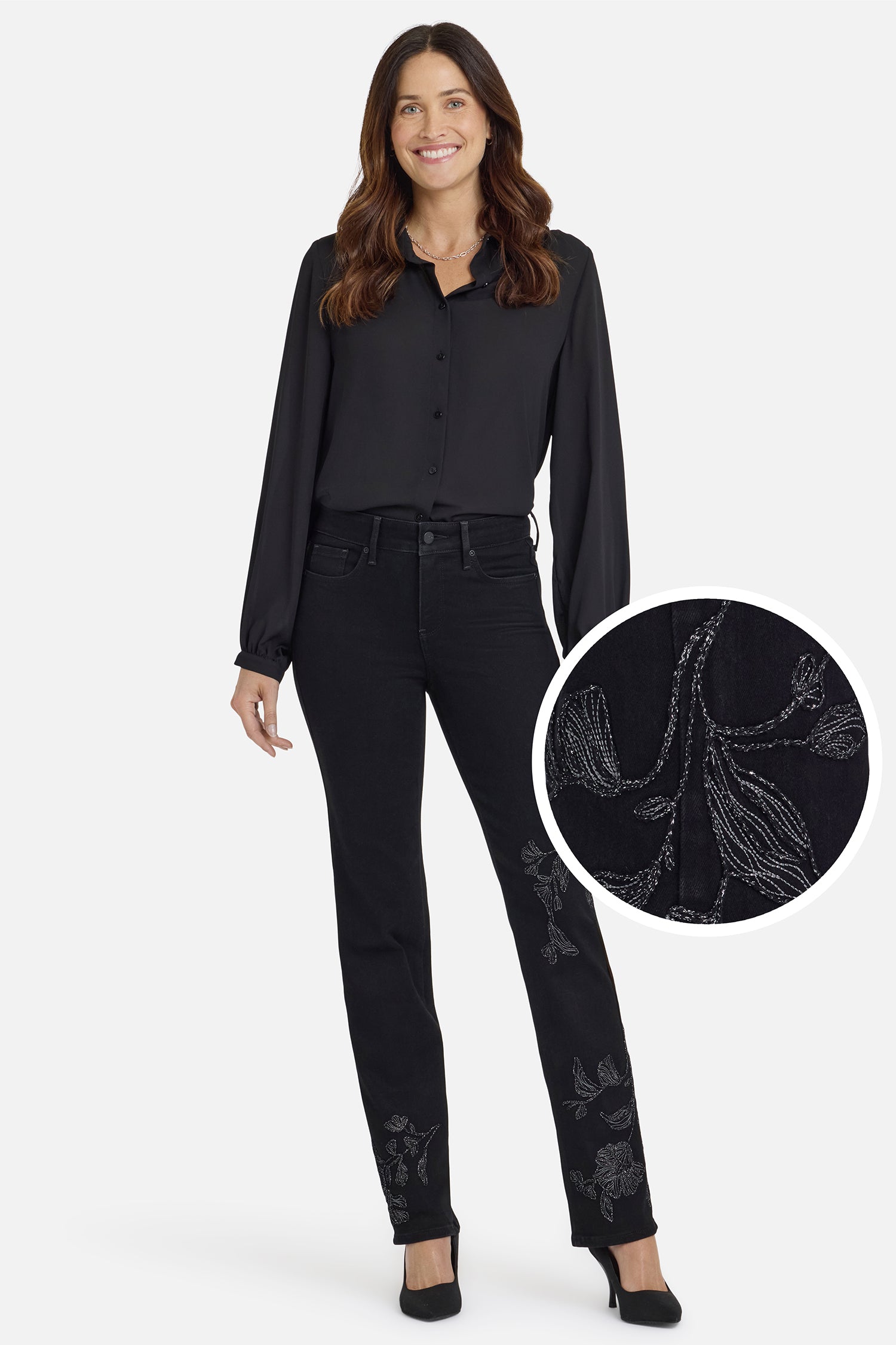 NYDJ Marilyn Straight Jeans With Embroidery - Black Rinse