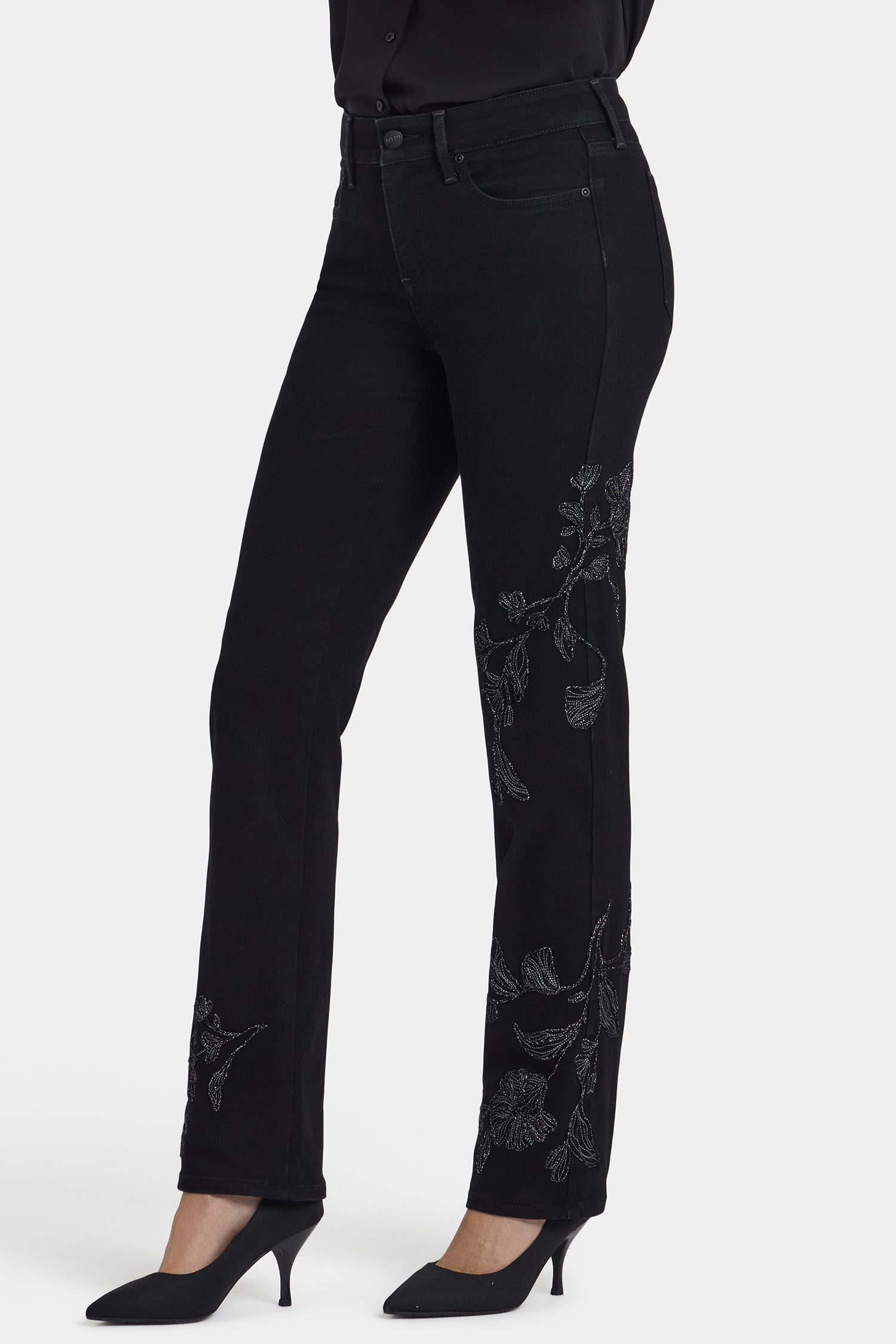 NYDJ Marilyn Straight Jeans With Embroidery - Black Rinse