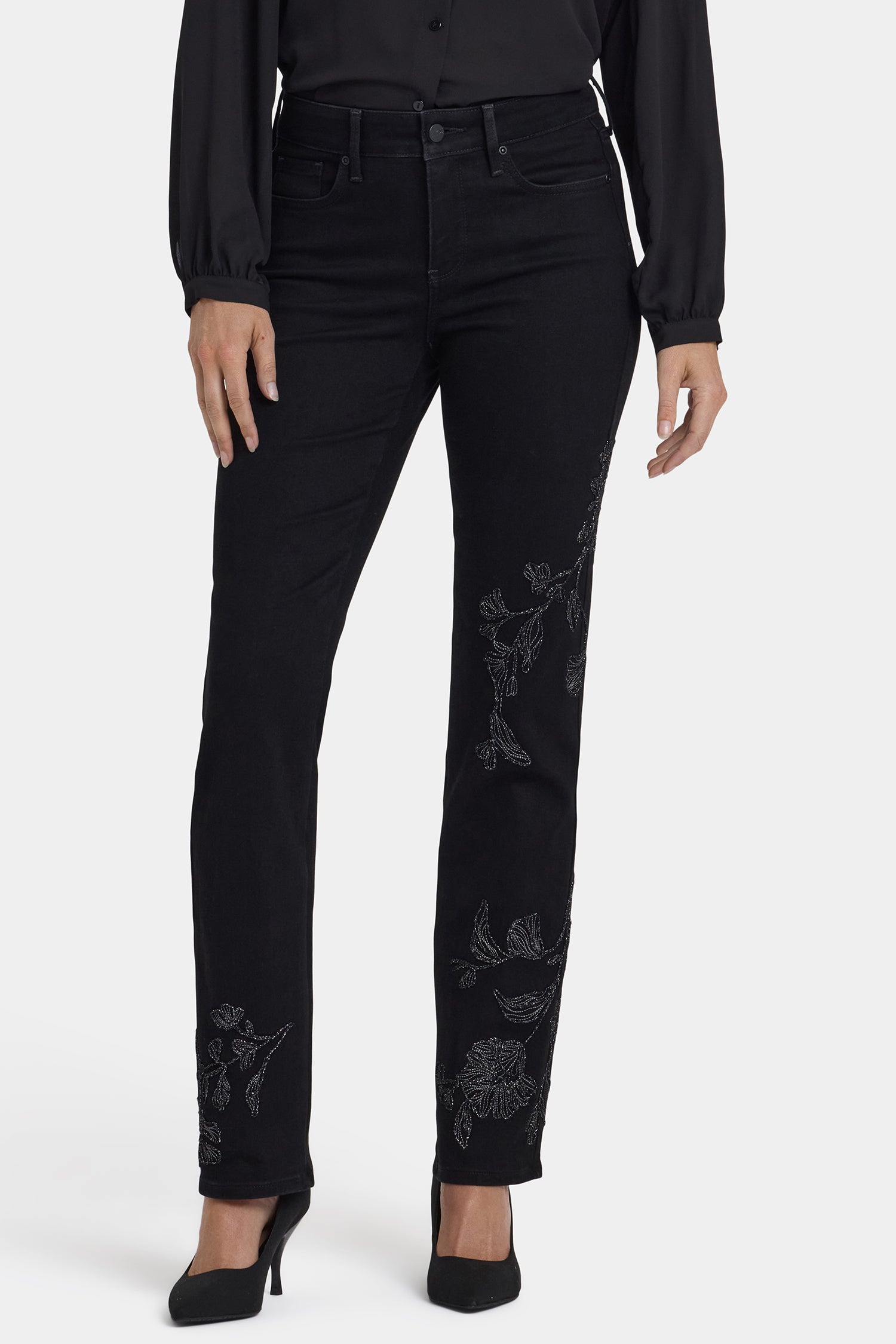 NYDJ Marilyn Straight Jeans With Embroidery - Black Rinse